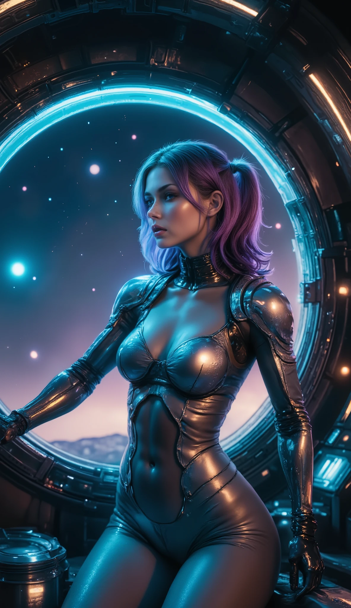 (best quality, 128k,highres,masterpiece:1.2),ultra-detailed,(realistic,photorealistic,photo-realistic:1.37), ((masterpiece)) ((photography)) ((Highest quality)) A hyper-realistic 3D illustration of a young woman in a futuristic space suit inside a spaceship. She is gazing through a large round window (hublot) at the vast cosmos, with planets and nebulae visible outside. The interior of the spaceship is dimly lit with holographic displays and control panels glowing in blue and orange. The space suit is sleek and form-fitting, featuring metallic details and a transparent helmet reflecting the ambient lights. Her expression is a mix of awe and determination. The scene is highly detailed with realistic lighting and textures.