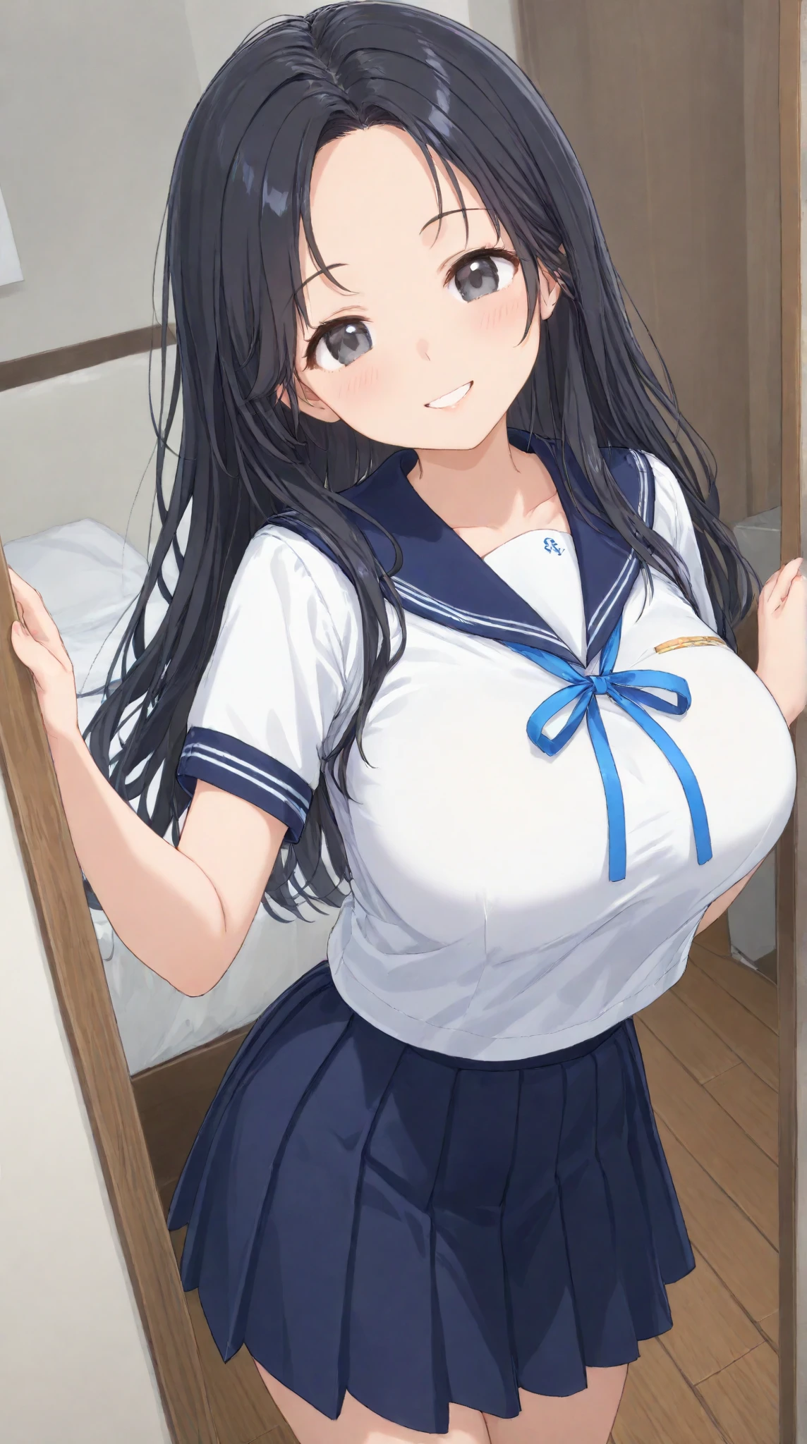 2 girls, by 2 person, Girl's brown eyes, black hair, medium long hair, Inward roll、(Navy blue sailor suit:1.4),indoors, Cafe、very big breasts、publish one'chest of、Naked things'chest of、blush、embarrassing、scary face、I'm worried、confused face、a large amount of breast milk comes out of the nipples,、Breast milk gushes from the nipple、very short skirt、micro mini skirt、female shape'Private parts are clearly visible、vibrator in thighhighs、The crotch is wet with love juice、Massage the breasts、Looks painful、Full body portrait