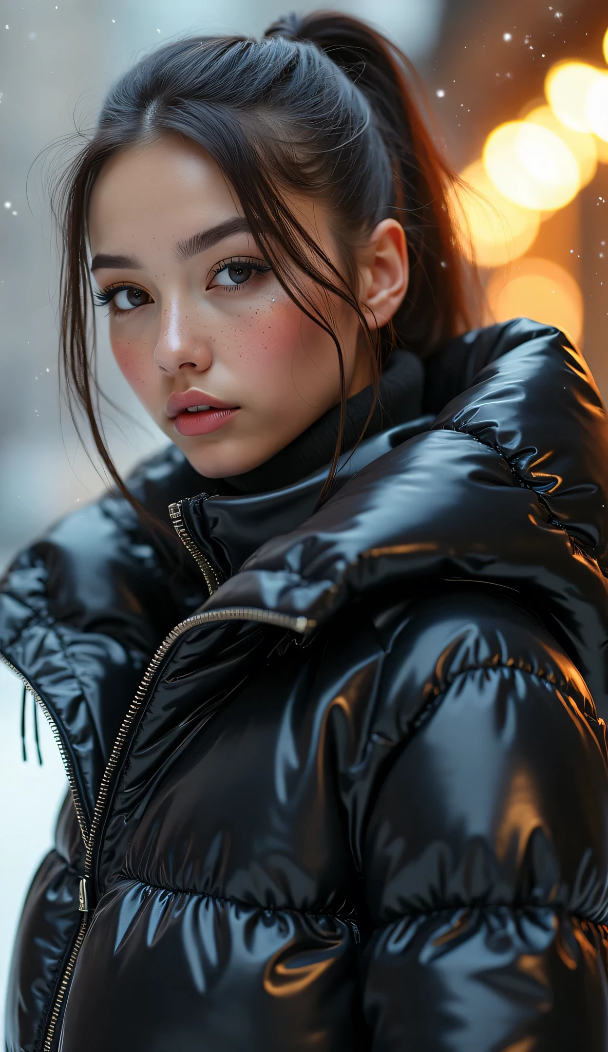  a slim ponytail  girl,beautiful detailed eyes,beautiful freckles,beautiful detailed lips,extremely detailed eyes and face,longeyelashes,in beautiful detailed hooded  formfitting duvetica overfilled shiny hyper gleamy hyper thick glossy unsealed puffer jacket covering her sealed hyper padded duvetica puffer vest,latex glossy stirrup legging,her full-foot glossy hyper padded overfilled thick inflated down slipers,symmetrical,walking in pufferstore,masterpiece,cinematic,lifelike,hyperrealistic,8k,photorealistic,highly detailed,intricate,exquisite,elegant,beautiful,stunning