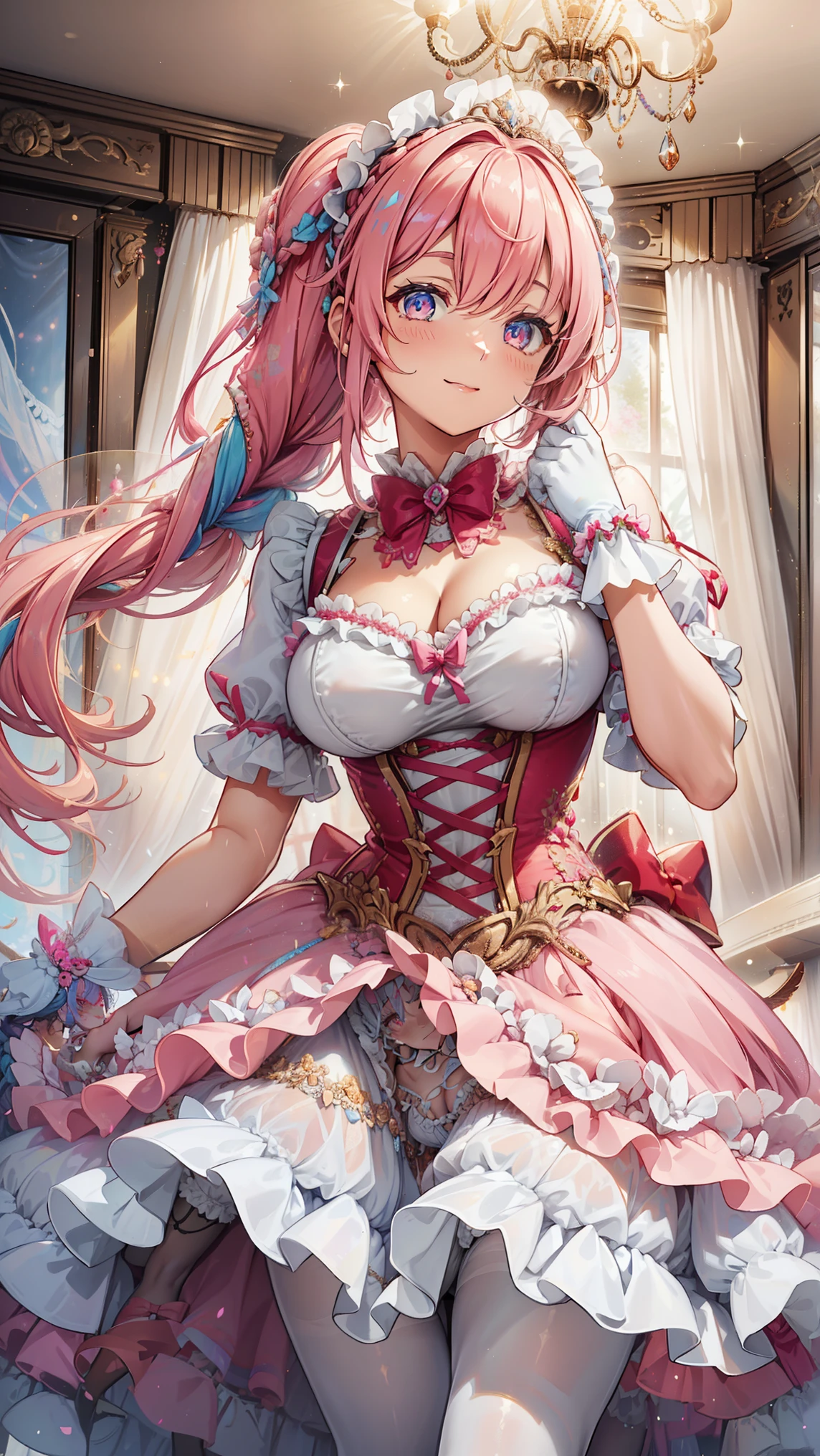 milkshake ,Attractions, Have Fun ,in love,(Wear a colorful shirt with a dance dress、 dress and pantyhose :1.2),( white ruffle bow gloves ), pink double hair braid, Golden Eyes ,Sacred headdress, transparent lace , Gorgeous Dress , is unique,European bedroom,(night:1.1), beautiful and beautiful face ,ta