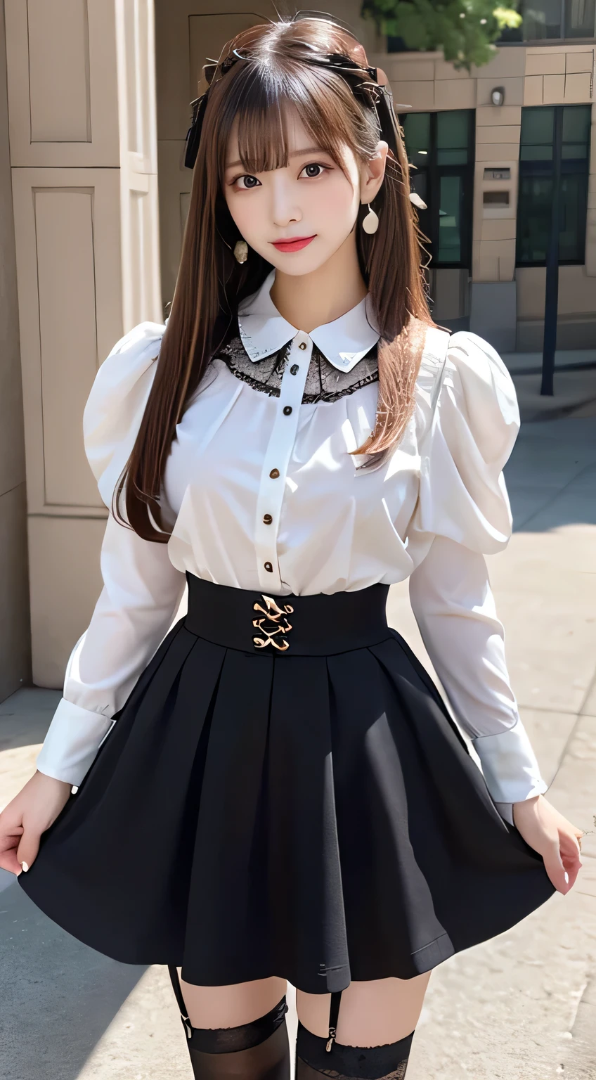  top quality,  Masterpiece 、 actual photo  、The most beautiful girl in the world 、 Cute looks、 Slender 、  perfect beautiful face   、  perfect and beautiful eyes   、   perfect and beautiful double eyelids  、   Fashion Model  、 Cute looks、   light brown hair 、 High School Student's Face 、( straight hair:1.3)、collarbone, lace collar, {{heart o-ring, heart ring}}, {puff sleeve blouse}, pink blouse, short sleeves, {{high waist flared skirt}}, black skirt, {{black socks with lace trim}}, {platform lace up boots}, {earrings}, {{jirai kei fashion}}, [[gothic lolita fashion]]