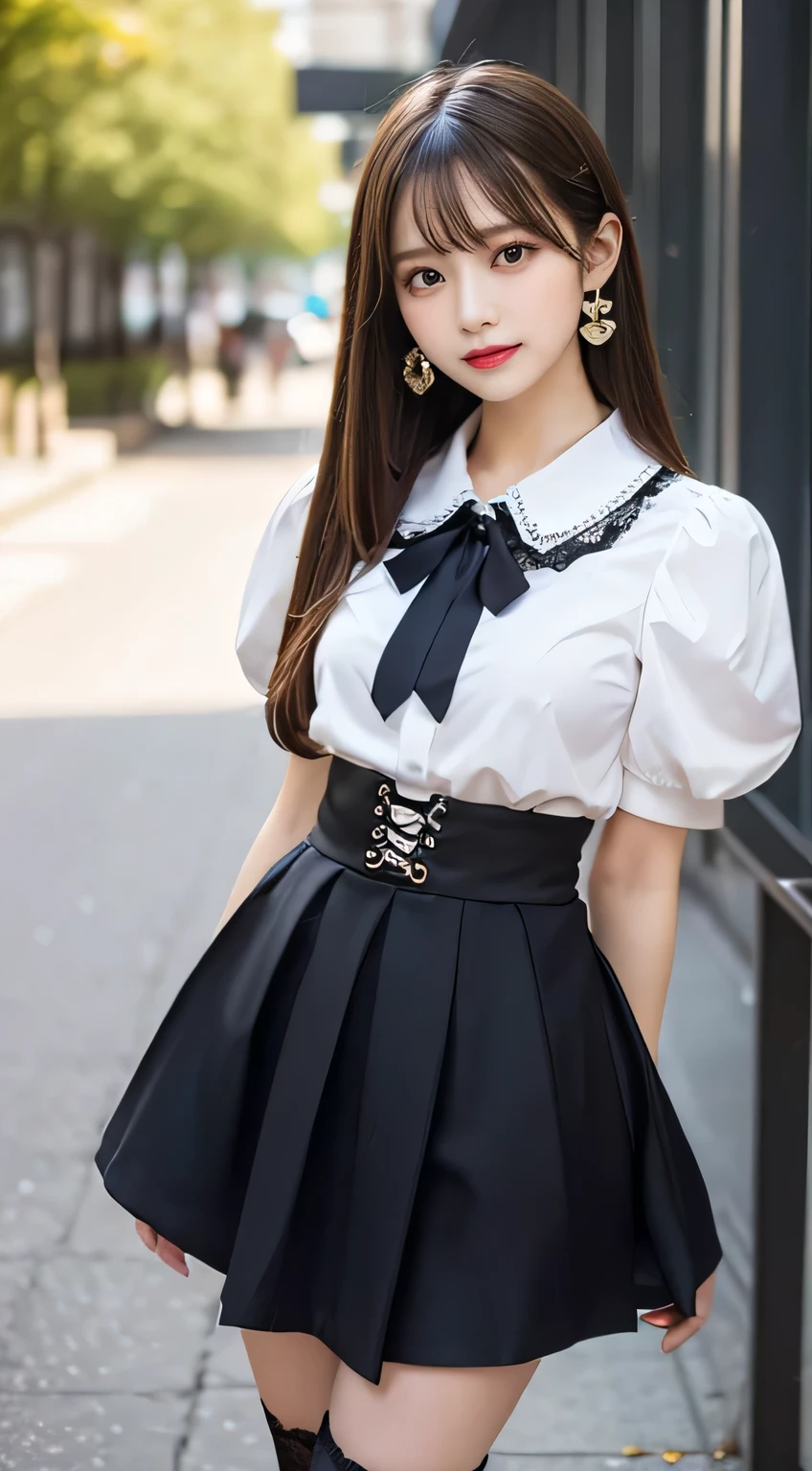 (ultra-detailliert), Cute princess dresses in black color,(frilly dress),(shortsleeves),Blue eyes,The upper part of the body、a closeup、faces、(A smile:1.1),(facing front:1.2), 20yr old, teens girl,no tail,(no tail),2D, ​masterpiece, top-quality, animesque, A detailed eye, A detailed face, girl with, Only 1 person,Brown Hair Medium Hair, (Brown hair),  Ear Hair, small tits, Single braid, (Single braid), (Side braid), Pink ribbon, Ribbon around the neck, (White sleeves), Background bokeh
