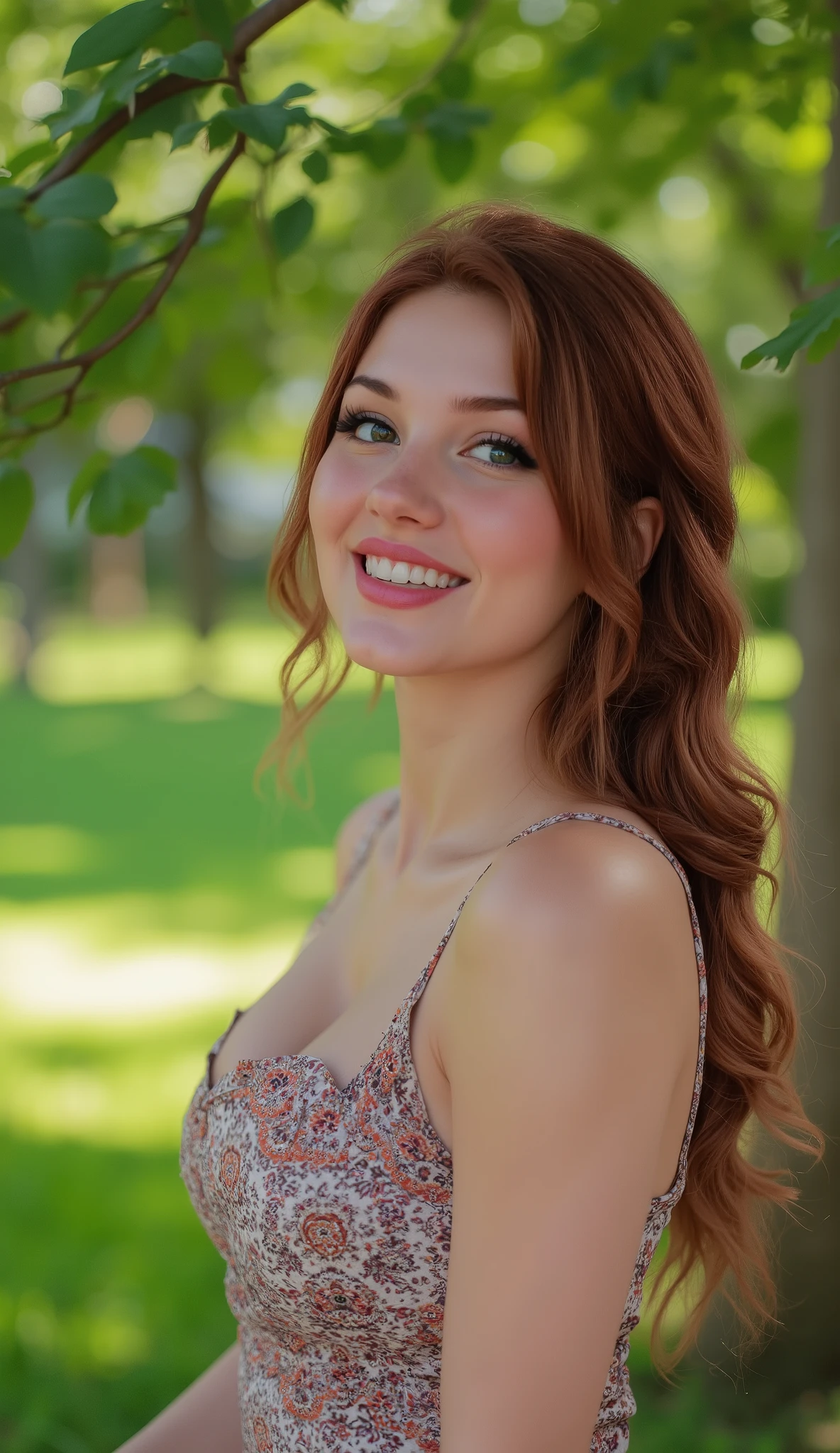 Beautiful Girl, Perfect Figure, Beautiful Detailed Face, Blue Eyes, Smile, Third Size Breasts, Jewelry, Printed Blouse, In Park Near Tree, Very Detailed, High Detail, Best Quality, High Resolution