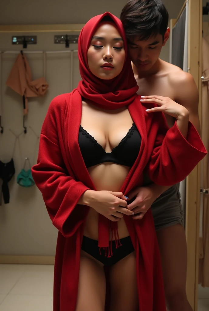 Beautiful fair skin matured indonesia girl in hijab sitting in men lap, in crowded meeting room, seductive sexy face, 35 years old, milf, angry pose, ultra detail face, detail skin texture and wrinkle, crowded  room, morning, wearing hijab, random red color hijab, nude, medium breast, flat chest, wide waist, thick thighs, bright lighting, white lighting, dramatic lighting, high quality, cinematic movie shot angle and framing, weeding ring, bracelet and watch, nsfw, show pubic hair, naked, show vagina, seductive face, seductive lips, wet lips, 1 men hug from behind, sit with open leg, hugged by 1 man, wet body girl