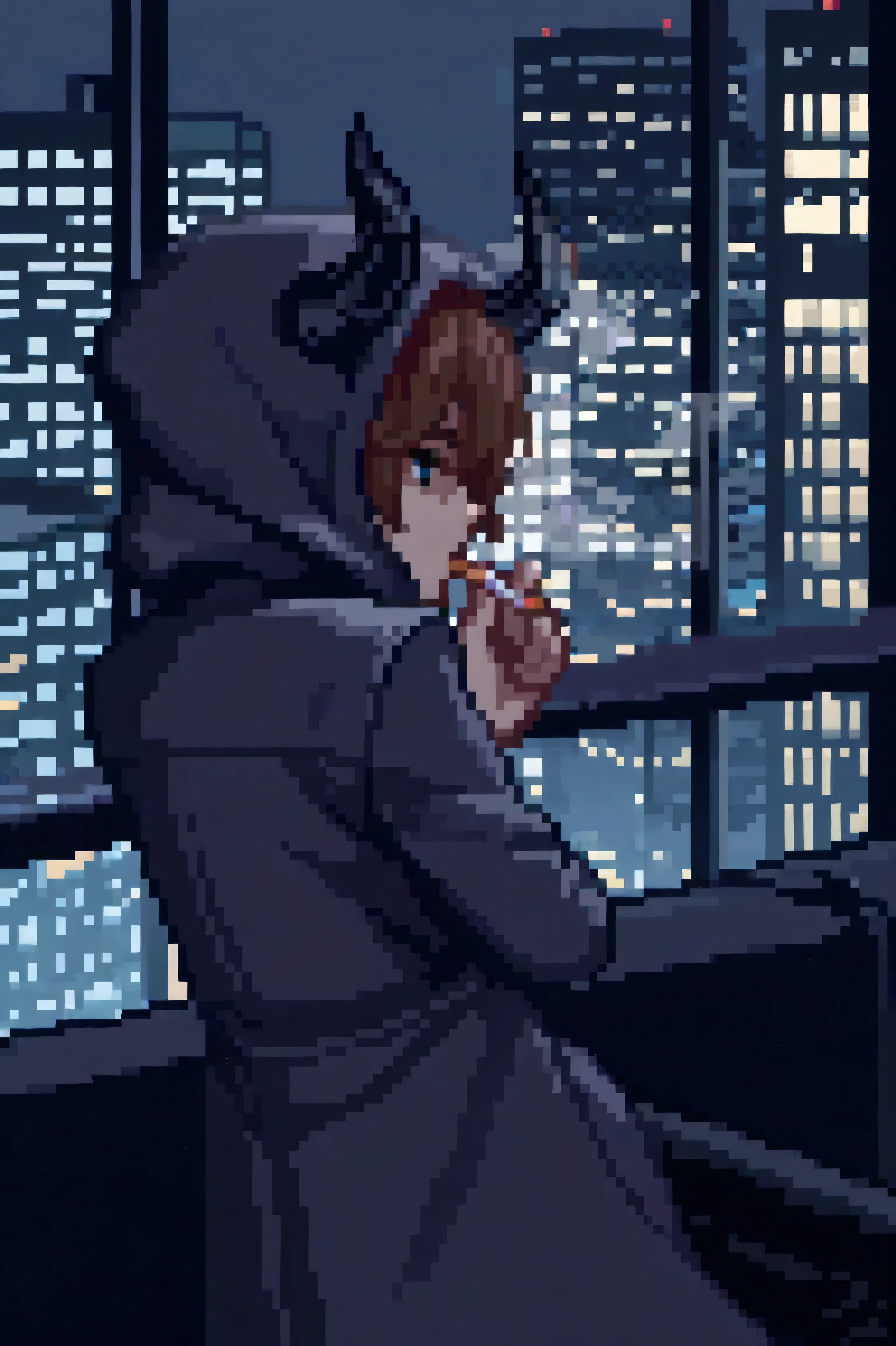 purple pixel style 2d, man In the hood with horns, man smoking cigarette, He looks at the night city of Tokisch from the roof of a skyscraper
