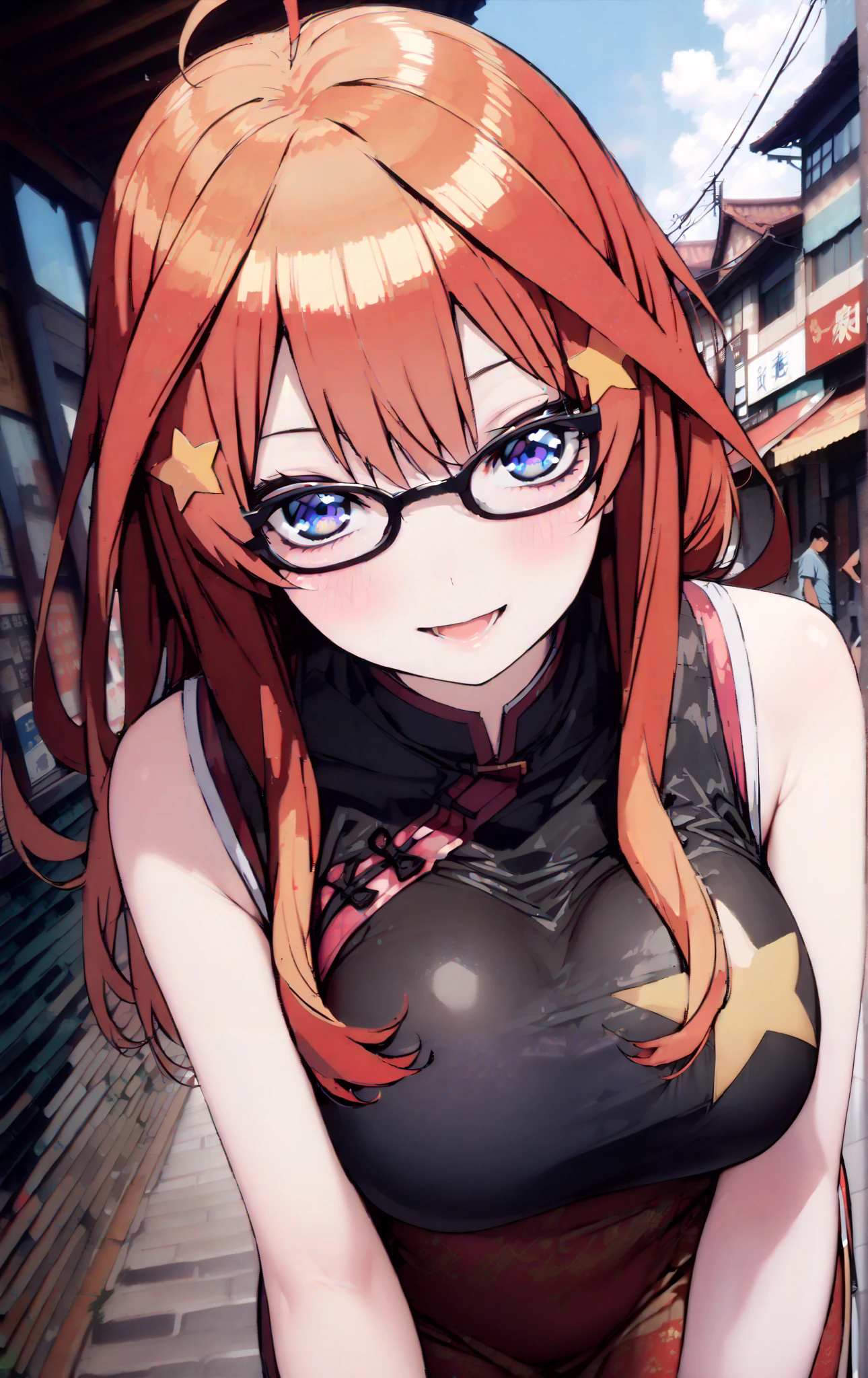Nakano Mizuki ,  long hair,  blue eyes,  hair ornament,  red hair,  hair bun , star (  symbol ), Lick the boy's penis with half-framed glasses ,  glasses under the rim, star  hair ornament, smile,blush, open the mouth,sleeveless red china clothes,Big Breasts,Long slit,Bare legs, pin heels, standing,noon, angle from below,whole bodyがイラストに入るように,                                                          
 break outdoors,China's bustling streets,
break looking at viewer,whole body,
break ( Masterpiece:1.2), top quality , kampala, Unity 8k Wallpaper,(shape:0.8),(  fine, beautiful eyes  :1.6),It's a person ,whole body写真,CG Details , ( perfect hands, Complete Anatomy),