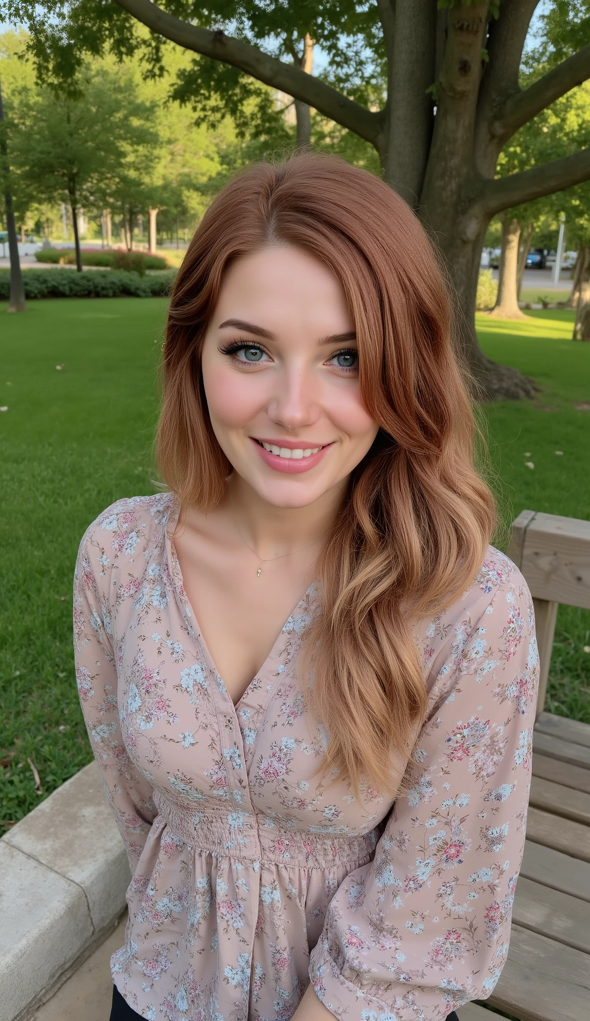 Beautiful Girl, Perfect Figure, Beautiful Detailed Face, Blue Eyes, Smile, Jewelry, Printed Blouse, In Park Near Tree, Very Detailed, High Detail, Best Quality, High Resolution