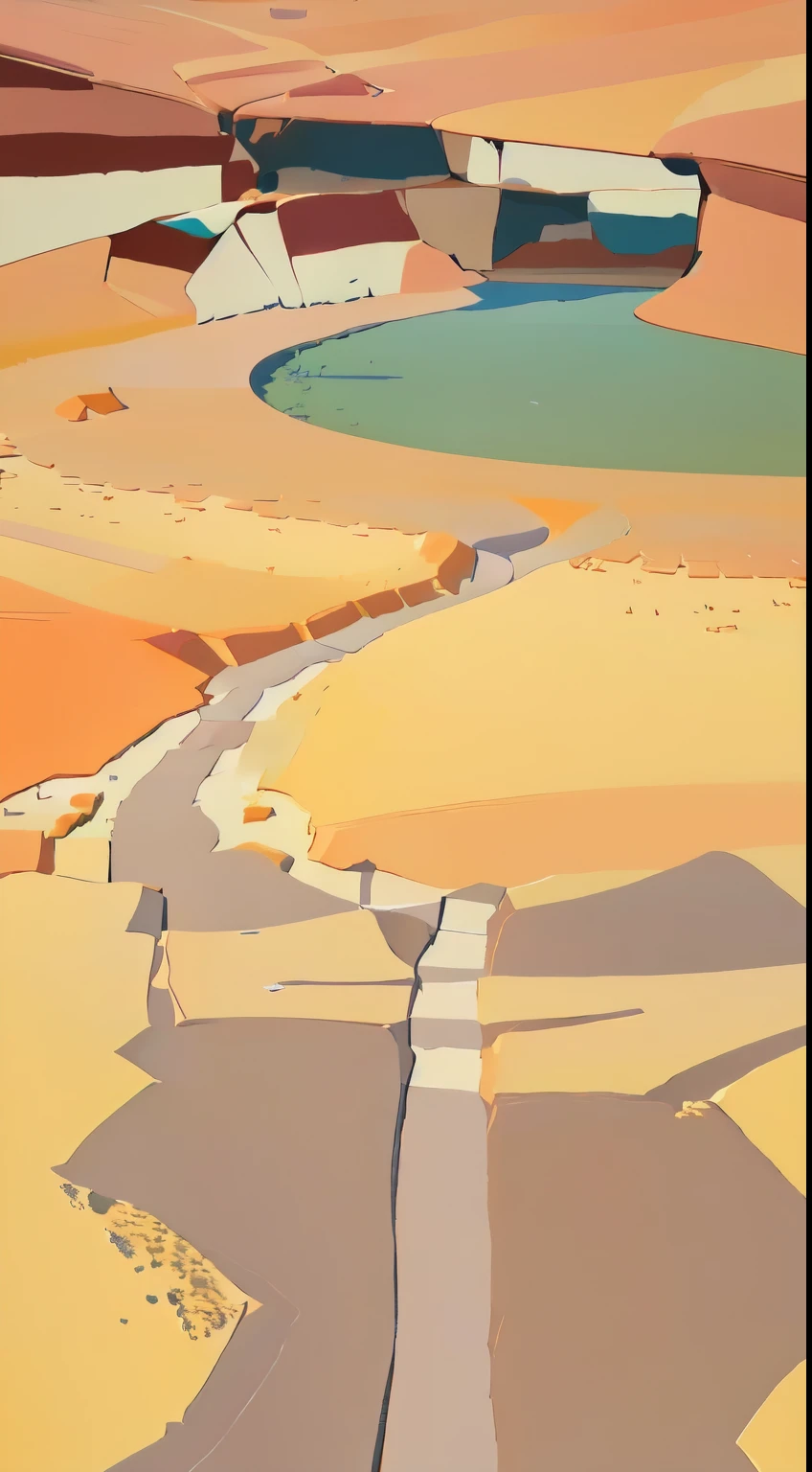 There is a painting depicting a path through a desert, inspired by Esteban Vincent , Low Detail. digital painting g, Color Study, an expressive digital painting g, Abstract Environment, Digital 4K Painting, a digital painting g, digital painting , abstract landscape , warm artistic expression , expressive digital painting g, Semi-abstract , Slightly abstract, Flat colors and strokes