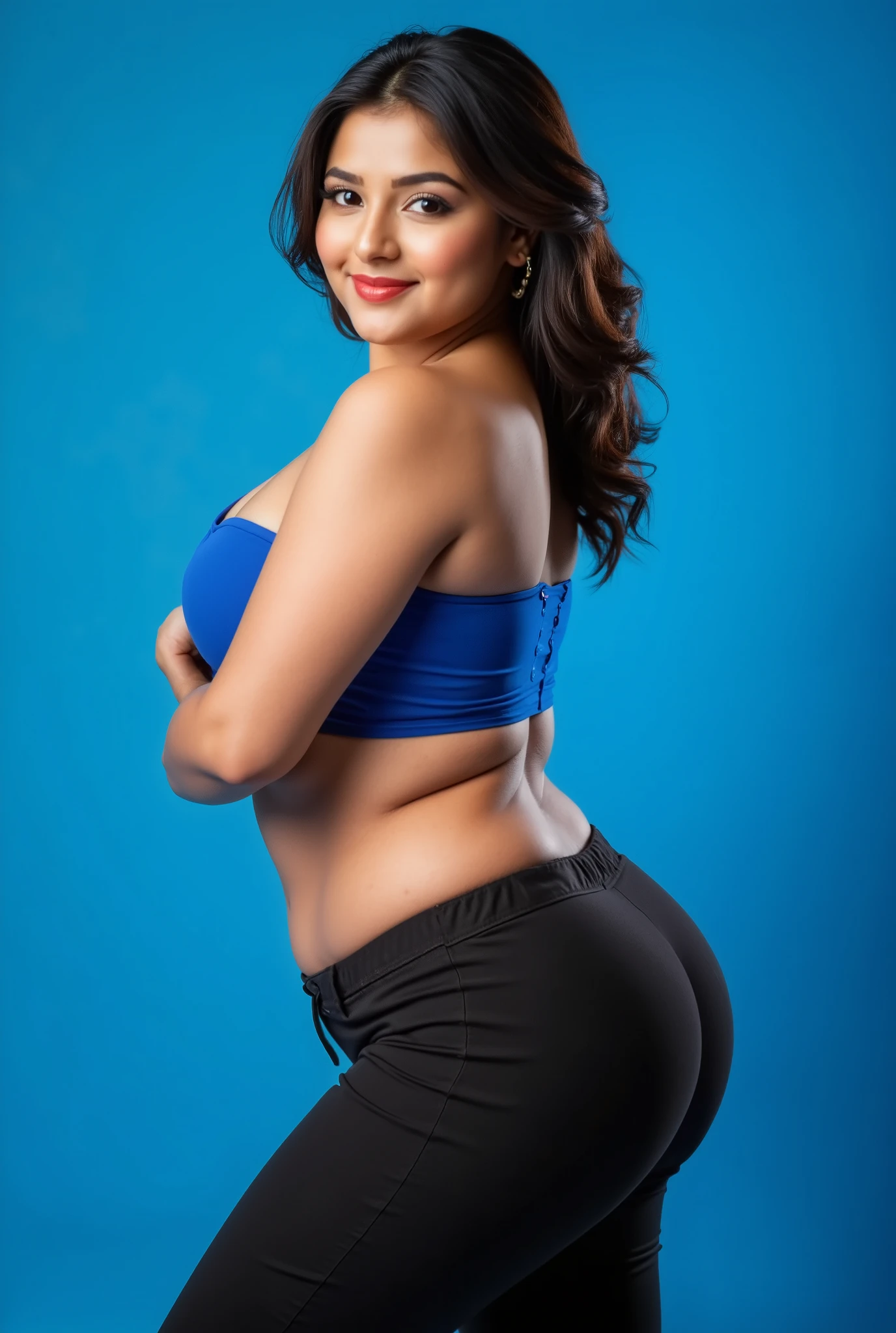 close-up portrait of back of a beautiful aishwarya rai wet body , big cheeks, curvy, swooping breasts, deep cleavage, ass, smile, bending over in a classroom, surrounded by men, (backlight), realistic, masterpiece, high quality, lens reflection, red lips, wearing blue lehenga, shadow, flower, chromatic aberration]], by Jeremy Lipking, by Antonio J. Manzanedo, digital painting,