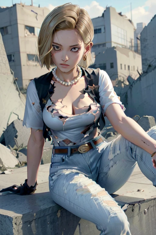 blonde short hair,Large Breasts,White vest,pantyhose,Denim skirt,ruined city,Damaged clothes and pants
