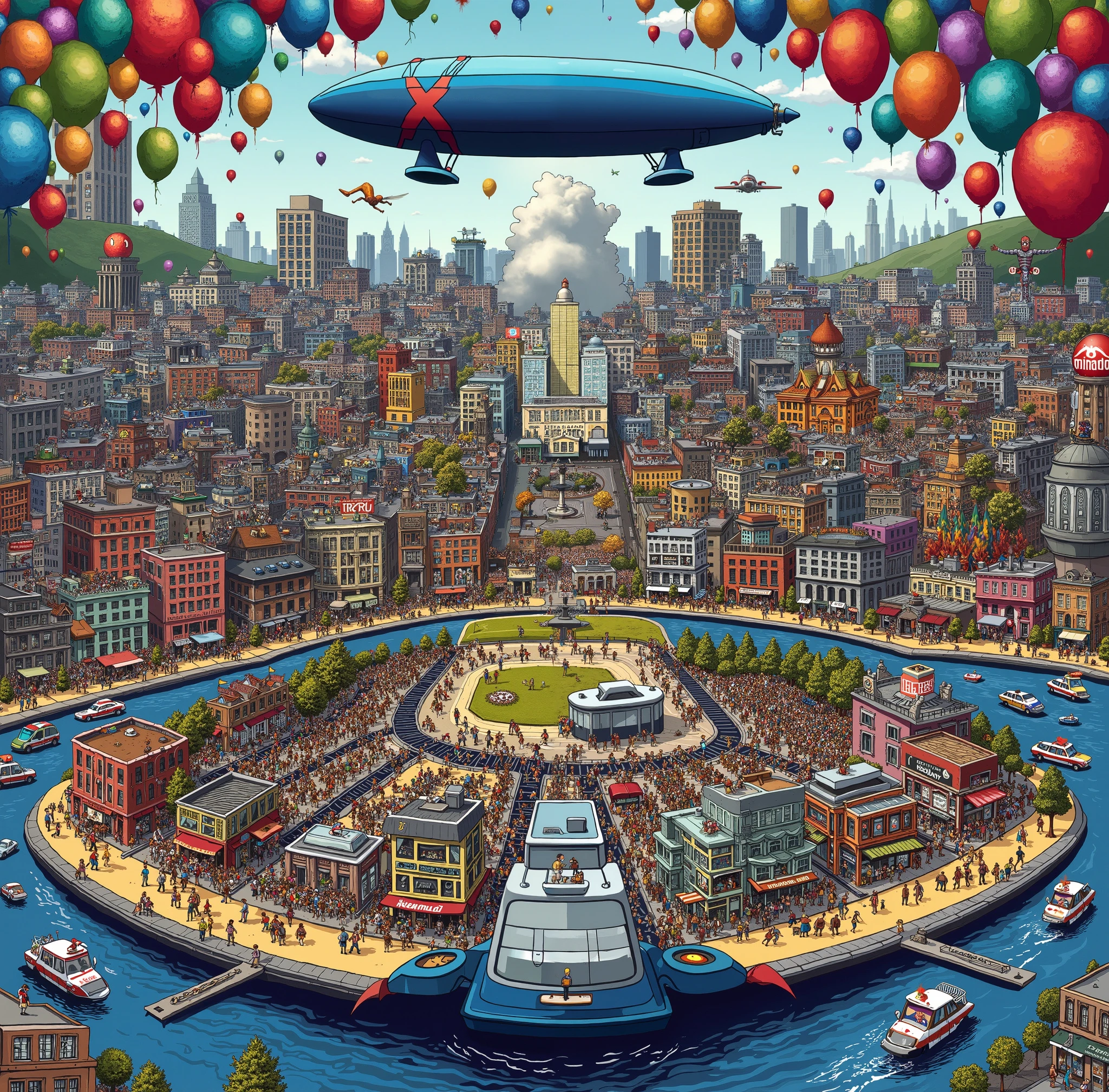There is a large city with many balloons flying over it - SeaArt AI