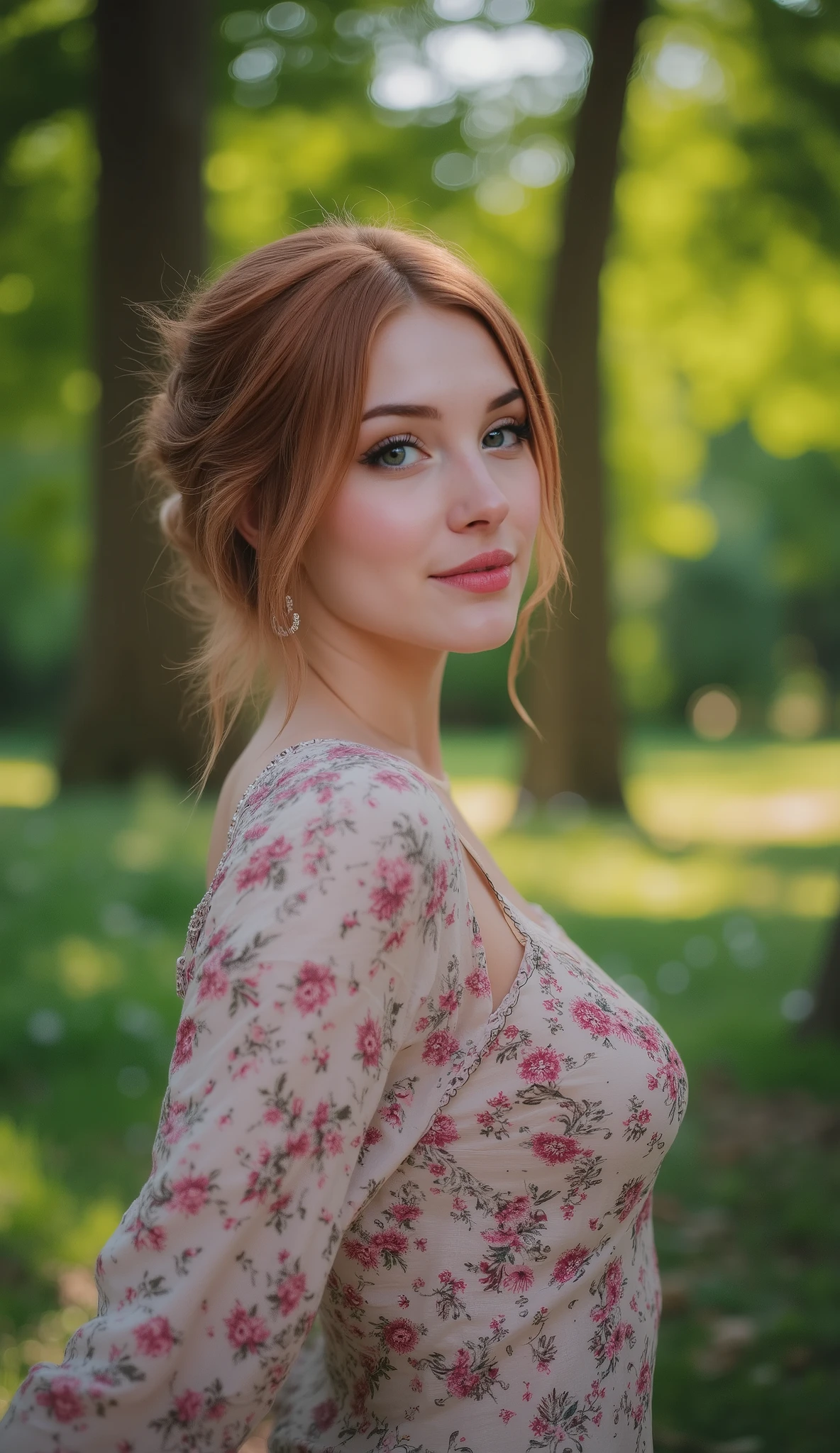 Beautiful Girl, Perfect Figure, Beautiful Detailed Face, Blue Eyes, Smile, Jewelry, Printed Blouse, In Park Near Tree, Very Detailed, High Detail, Best Quality, High Resolution, sexy