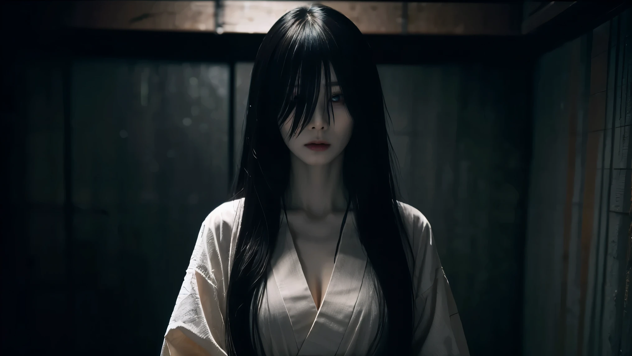 Sadako Yamamura is an urban Japanese specter, solo, high resolution, Masterpiece, accurate, top quality, super high heels, textured skin, woman、4K、((The background is standing in a dark Japanese-style room at midnight)), big breasts、ghost、 white kimono、(((Black hair to hide eyes))), Pale look、 Dark Atmosphere 、 staring at me、Sharp Eye、 expression of anger、(( has an open chest)),
