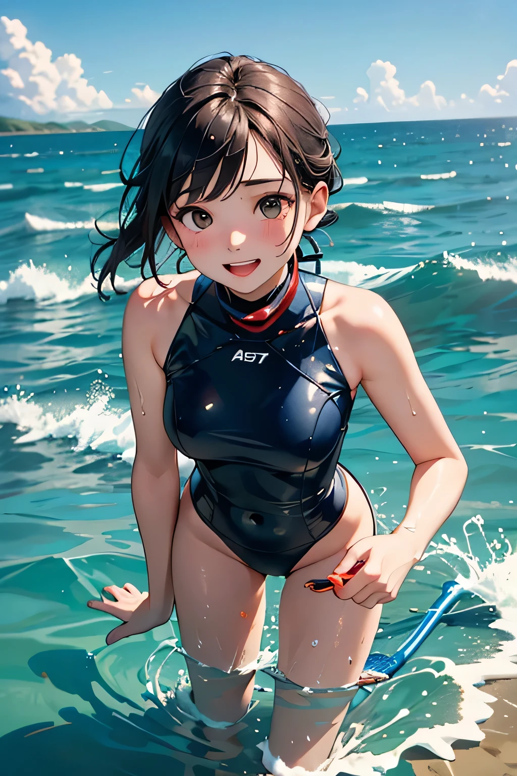 hiryuu_kantaicollection,(masterpiece:1.4),(best quality:1.4), (amazing), (great illustration:1.4), (ultra-detailed:1.4), (art CG, 8K), ,(full body:1.4),,from front,sea,competition swimsuit,1girl,solo,