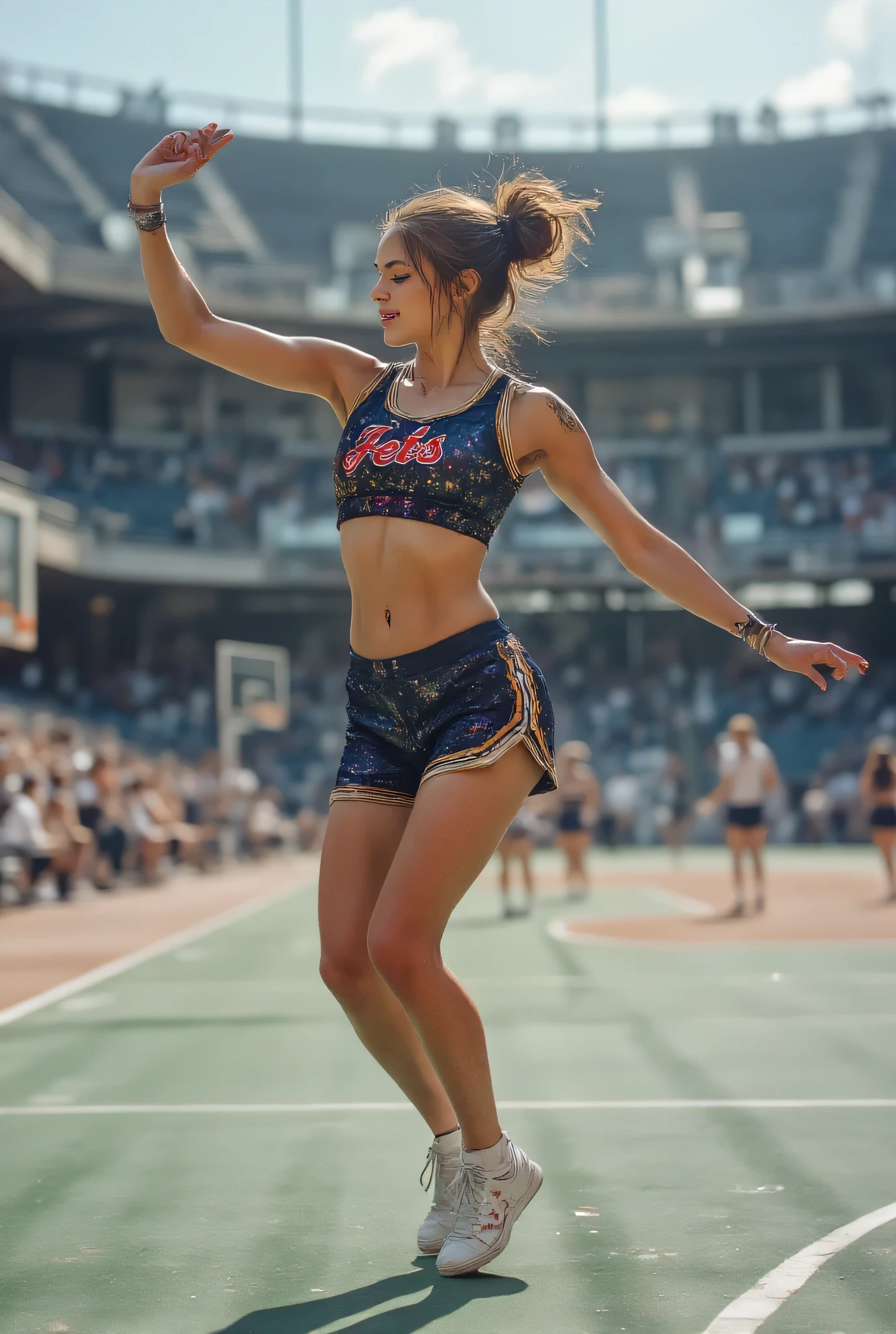 one girl, ((Highest quality)), ((masterpiece)), (detailed), ((very detailed face)), High resolution photograph, (realistic photo shoot:1.1), (doing cheer dancing), small breasts, Thin legs, cheerleader uniform, (skirt), (6 Pack Abs), She has a six pack belly, from before, surreal, intricate detail ,(Beautiful Delicate Eyes and Lips ), Best Shadow, so delicate and beautiful, beautiful tan skin, smile, open your mouth, ponytail brown hair, bangs, brown eyes, floating hair, Good light, (cowboy shooting:0.5), court, Spectator seats, sunshine, (((She wears a metallic navy cheerleader uniform with metallic gold trim))), (Sleeveless uniform), ((wearing a skirt and a Women's Fitness Jogger Bike Shorts)), (no socks on),((Stadium Background:1.2)), (The characters "JETS" are written in red with a white border on the chest:1.2), (Jump 1m straight up:1.5), (stretch your arms up), ((stretch and spread your legs)), (open your palms), (full body portrait),
