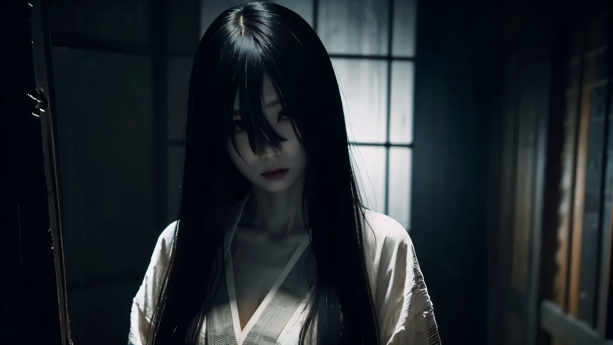Sadako Yamamura is an urban Japanese specter, solo,  high resolution,  Masterpiece, accurate,  top quality,  super high heels,  textured skin, woman、4K、((The background is standing in a dark Japanese-style room at midnight)),  big breasts、ghost、 white kimono、(((Black hair to hide eyes))), Pale look、 Dark Atmosphere 、 staring at me、Sharp Eye、 expression of anger、(( has an open chest)),