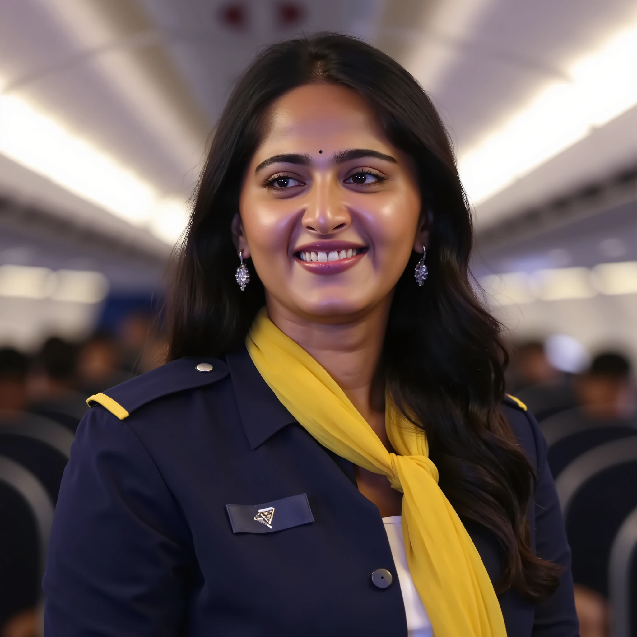 ((AnushkaShettyFlux)) Anushka is a flight attendant . She is wearing navy blue uniform and yellow scarf. short skirt, (black high heels), perfect legs, model pose,, flight cabin, pantyhose . She just found me entering the aircraft. She is standing in the aisle and waving at me happily . highest quality、8k、best image quality、Award-winning work) . She just found me entering the aircraft. She is standing in the aisle and waving at me happily . highest quality、8k、best image quality、Award-winning work). Mid shot, close up.