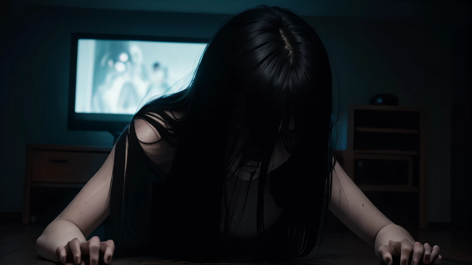/Mid-range Shot, Slight Low Angle, Slow Tracking-In; The old CRT television flickers violently with static noise, the screen distorting unnaturally. A pale, decayed hand with long, claw-like nails slowly emerges from the screen, fingers twitching erratically. The air grows heavy as the rest of her arm slithers forward, her bony joints cracking subtly. Her long, jet-black hair, soaked and stringy, spills out, obscuring her face as she drags herself closer. A second hand grips the edge of the screen, tightening unnervingly before she begins to pull her upper body through. Her movements are slow yet unsettlingly fluid, as if bending reality itself. Her white, tattered kimono clings to her thin frame, dampened by an eerie, unseen force.
As her head tilts forward, hair shifts slightly, revealing glimpses of her ghostly pale skin and hollow, shadowed eyes. Her lips part slightly, but no sound escapes—only the oppressive silence of impending doom. Her elbows bend at unnatural angles as she contorts through the screen, her body moving like a broken marionette yet with an unearthly grace. The wooden floor beneath her creaks under her weight as she crawls forward, her fingers splaying unnaturally wide before tightening into a clawed grip. The TV screen behind her continues to pulse ominously, the static intensifying, distorting reality as if something else is about to emerge.
Her slow, deliberate crawl forward oozes menace, her presence suffocating the air in the room. The dim lighting flickers erratically, casting shifting shadows that seem to stretch unnaturally toward her. Just as she lifts her head slightly, her jet-black hair sways subtly, hinting at the abyssal gaze beneath. The entire scene breathes with an eerie stillness, as if time itself is hesitating in her presence.
Ultra HDR, 3D intricate details, realistic lighting, dramatic lighting, hyperrealistic detailing, cinematic horror, Japanese ghost horror, unsettling atmosphere.
