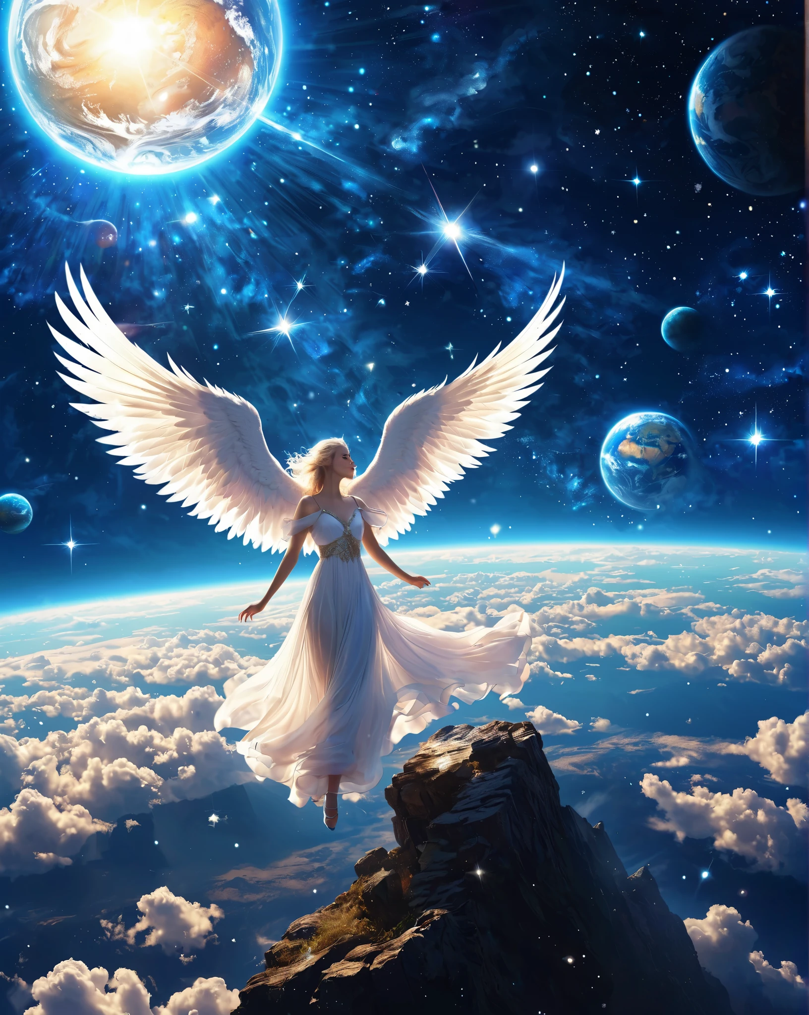 The image depicts the universe, The night sky where the little stars shine, Stars filled with , create a deep space atmosphere、(光と一体化する後姿の飛ぶangel:1.2),(Wings fluttering in the wind:1.2),crystal、(Mysterious and beautiful Earth:1.3)、 Fantastic、angel、 has a high background ratio、Sacred Sanctuary 、(A different perspective:1.3)(two beautiful feathers:1.1)、1人のangel、Overlooking the Earth 、 top quality, has won many awards, super high heels, very detailed,