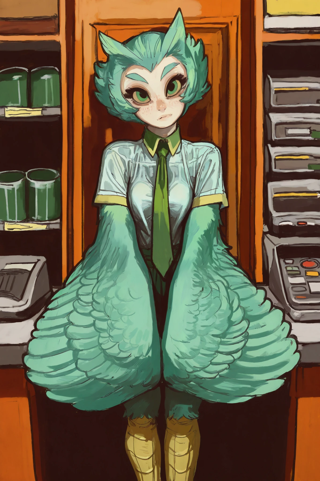 cannedmos, (masterpiece: 1.0), best quality, perfect anatomy, perfect composition, perfection, 4k resolution, absurdres, very aesthetic, professional artwork, absolutely beautiful, 1girl, winged arms, feathered wings, prehensile wings, yellow talon feet, masterpiece, owl girl, extreme head tilt, pale green feathers with pale brown edges, pale green hair with pale brown edges, freckles, big eyes, shirt collar, green tie, breasts, cashier,
