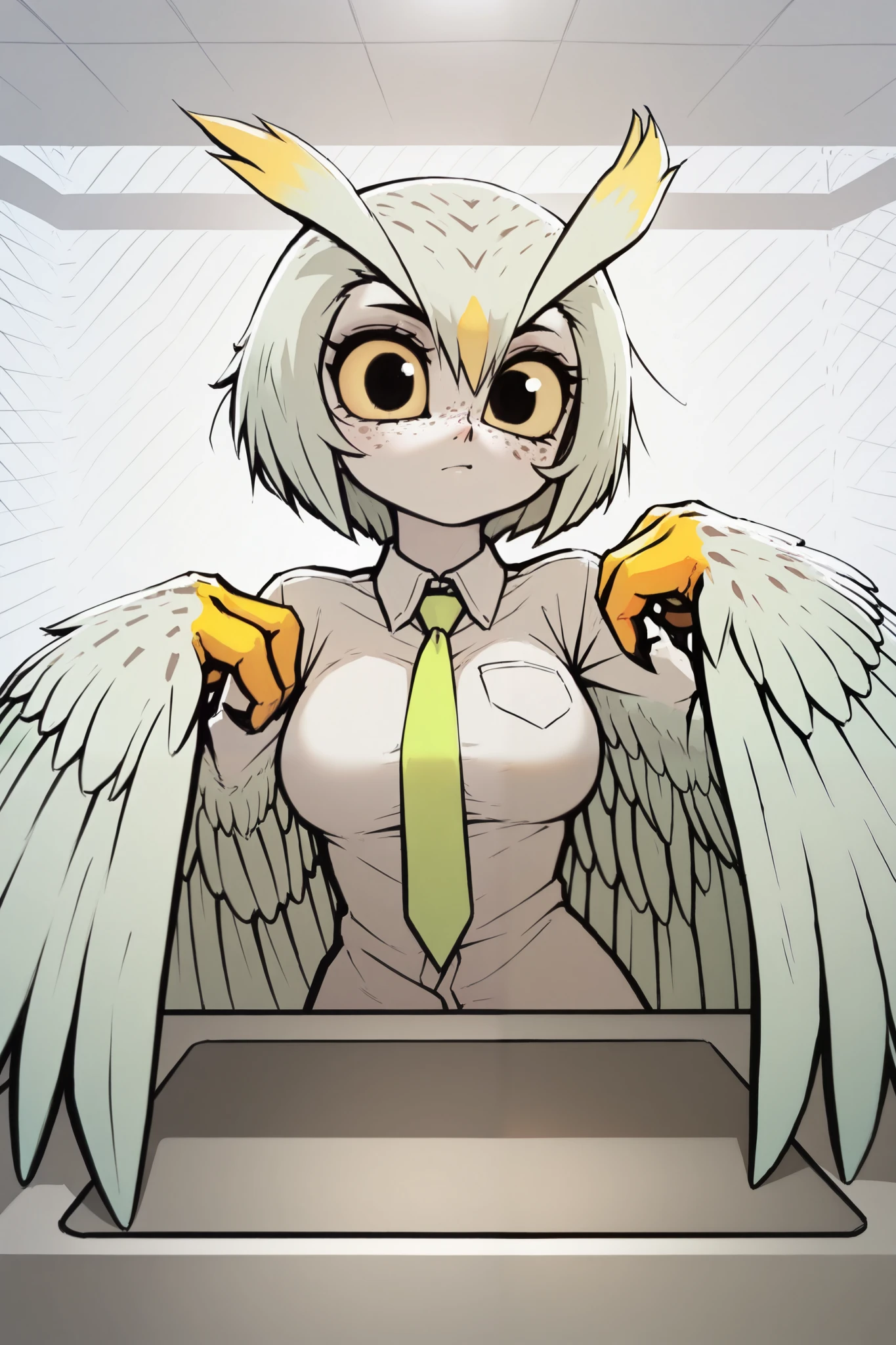 cannedmos, (masterpiece: 1.0), best quality, perfect anatomy, perfect composition, perfection, 4k resolution, absurdres, very aesthetic, professional artwork, absolutely beautiful, 1girl, winged arms, feathered wings, prehensile wings, yellow talon feet, masterpiece, owl girl, extreme head tilt, pale green feathers with pale brown edges, pale green hair with pale brown edges, freckles, big eyes, shirt collar, green tie, breasts, cashier,