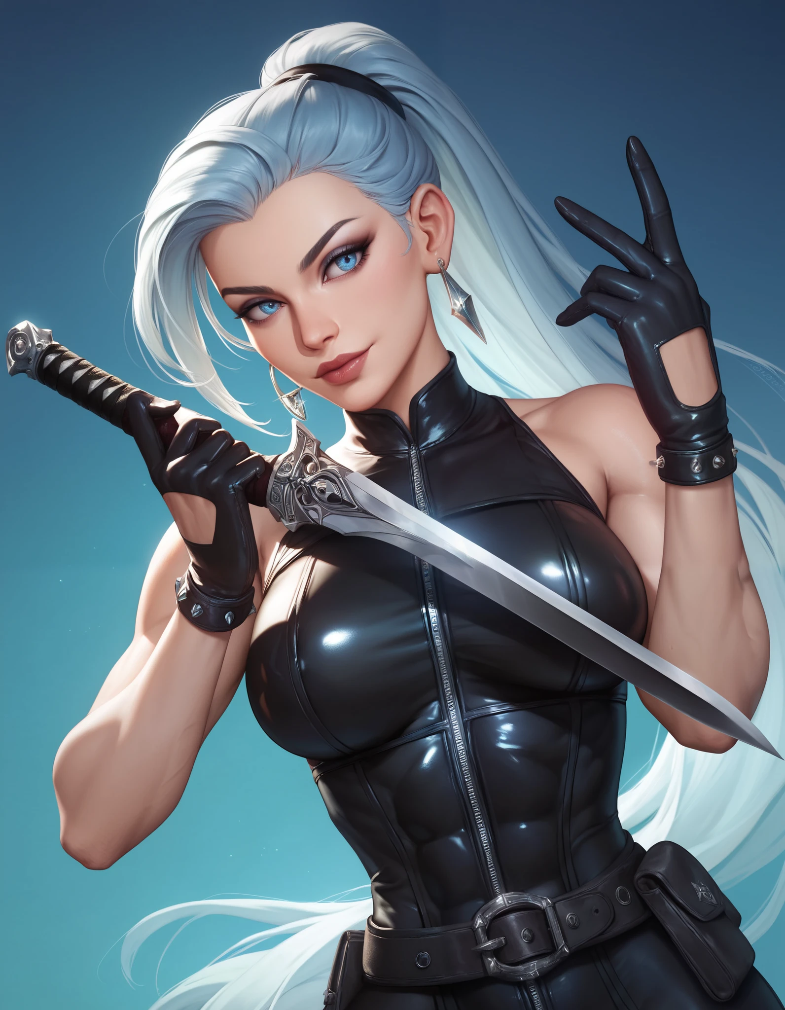 A close up of a woman in a black outfit holding a sword - SeaArt AI