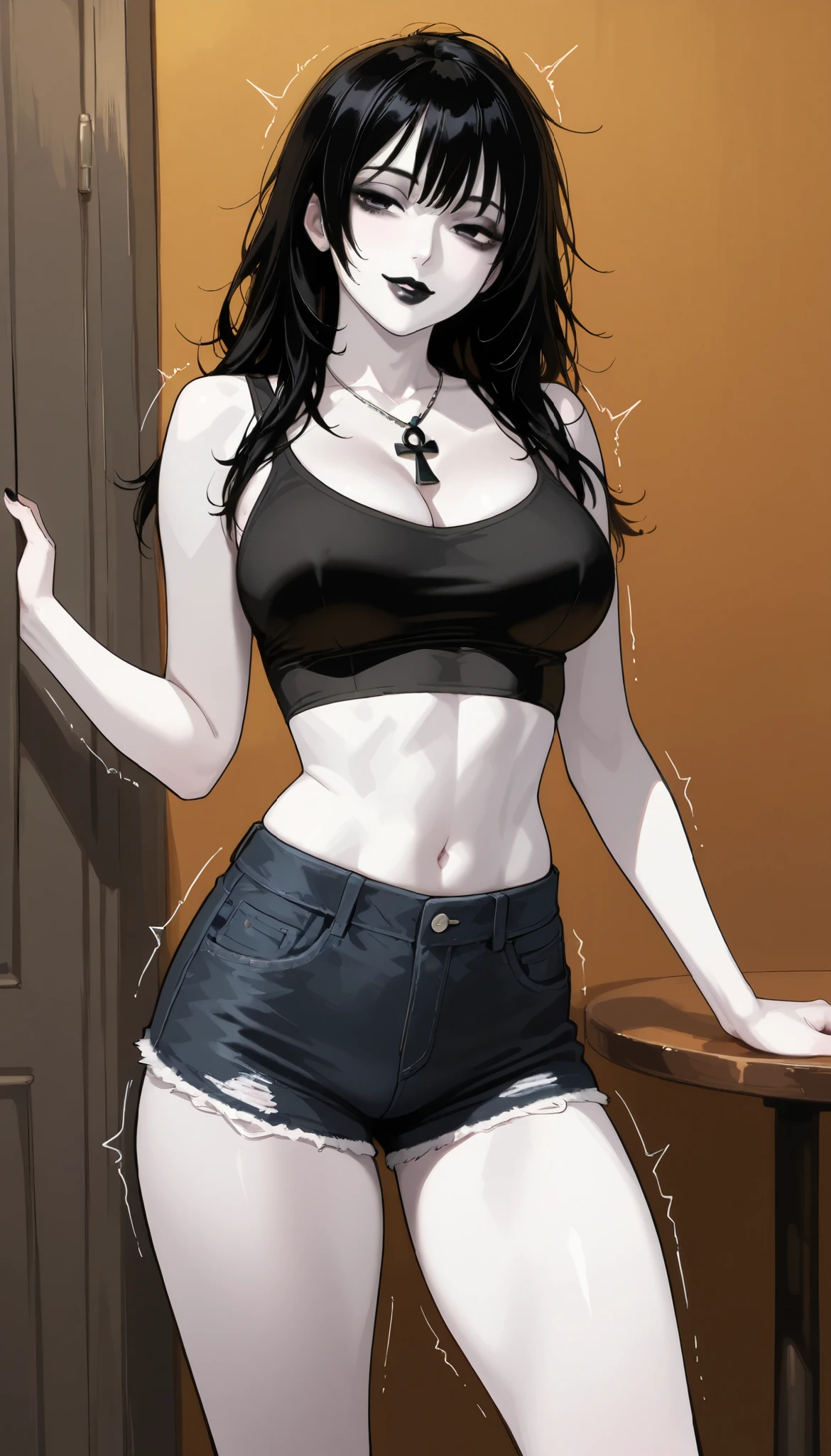  very white goth woman with pale skin ,  half short messy black hair ,  black lips standing eyes , Half-large breasts wearing ankh necklace and wearing short tight black denim shorts, and black tank top, dancing in an open and sunny place, shaking, happy