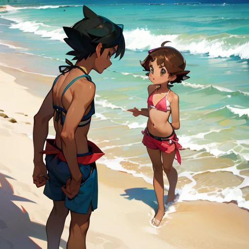 UHD, retina, ccurate, anatomically correct, super detail, high details, 2 s playing in the desert, inch, round head, short hair, full body, tattoos, tattoos, swimming trunks, thong, nude, cl, sun, clean blue sky, smile, panorama,