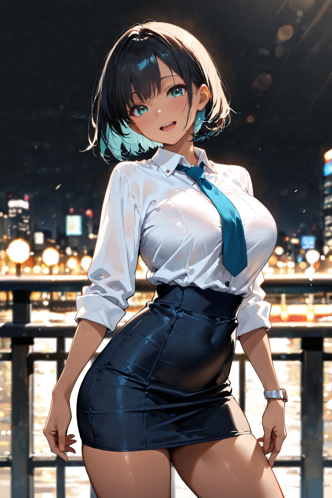(best quality:1.5, highres, UHD, 4K, detailed lighting, shaders), white and blue haired, gradient hair, large breasts, suit, gray shirt, social shirt, short skirt, mature woman , (pov), white background, colorful eyeshadow, dramatic lighting, sparkling eyes, sensual expression, golden earrings, flowing hair, delicate facial features, dark skin, high cheekbones, raining, urban setting, white background, dont look for the camera, lean forward, view from behind, wet  by the rain.