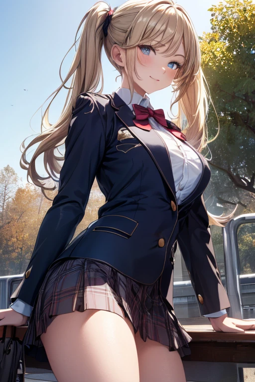 ((Perfect Anatomy:1.2,Realistic:1.3,Raw photo:1.3,masterpiece、highest quality、Ultra - High resolution、High resolution、Extremely detailed CG、8k)),Cowboy Shot,1 female,alone,18-year-old、high school girl,beautiful girl,Japanese,((Beautiful and exquisite face and eyes:1.2,Big beautiful eyes:1.3,)),Blonde,Long Hair,(Center parted hair:1.4,amount),Small Head:1.3,slender,(Dark brown skin:1.4),(Oily skin,Glowing Skin,Shiny skin,Sweat:1.2),(school uniform、Dark blue blazer jacket、Checkered pleated mini skirt),((Lift up the skirt)).,((Show your audience white panties)),Are standing,Dirty back alley、At night、Tokyo、