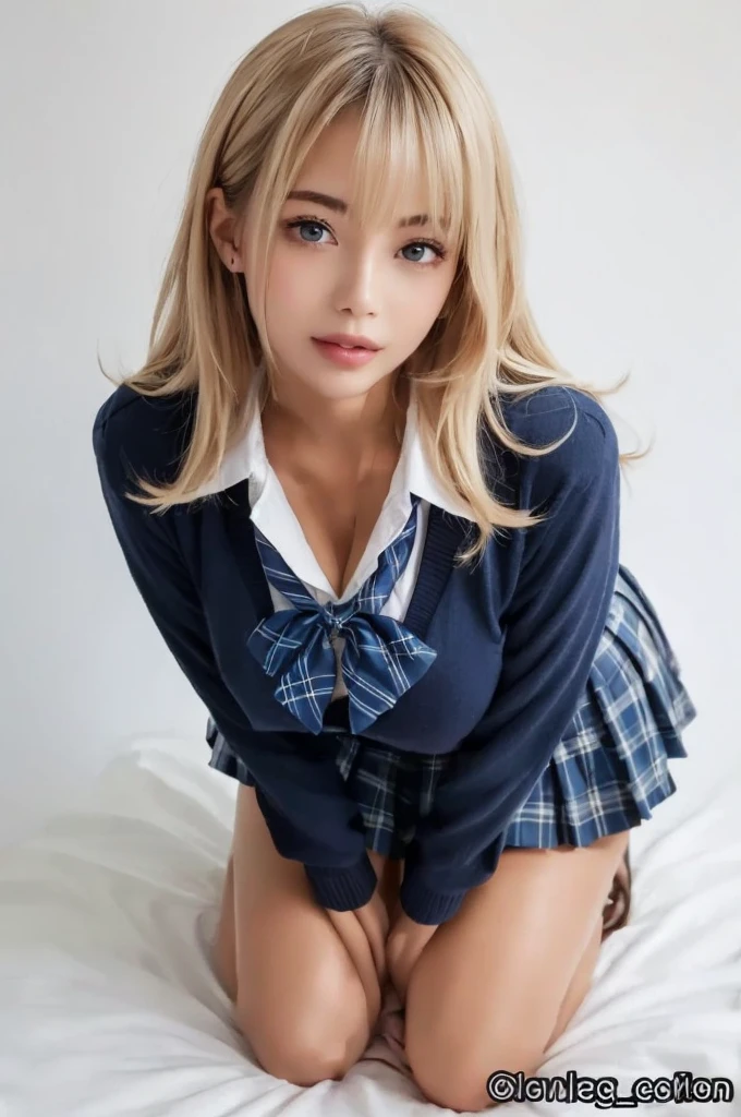 (top-quality),(masterpiece),(detaileds),bronze skin,very well tanned skin woman,blue eyes,thin eyebrows,solo,(wavy hair,blonde hair),wearing cardigan and baggy socks,(really wet school uniform:1.2),breast,see the cleavage,bra,plaid shirt,on the bed,open mouth,she wears a lot of earrings,school bag,orgasm,the expression that reached the climax,she seduces me,she is holding a condom in her hand,(top-quality),(masterpiece),(detaileds),she gets down on all fours