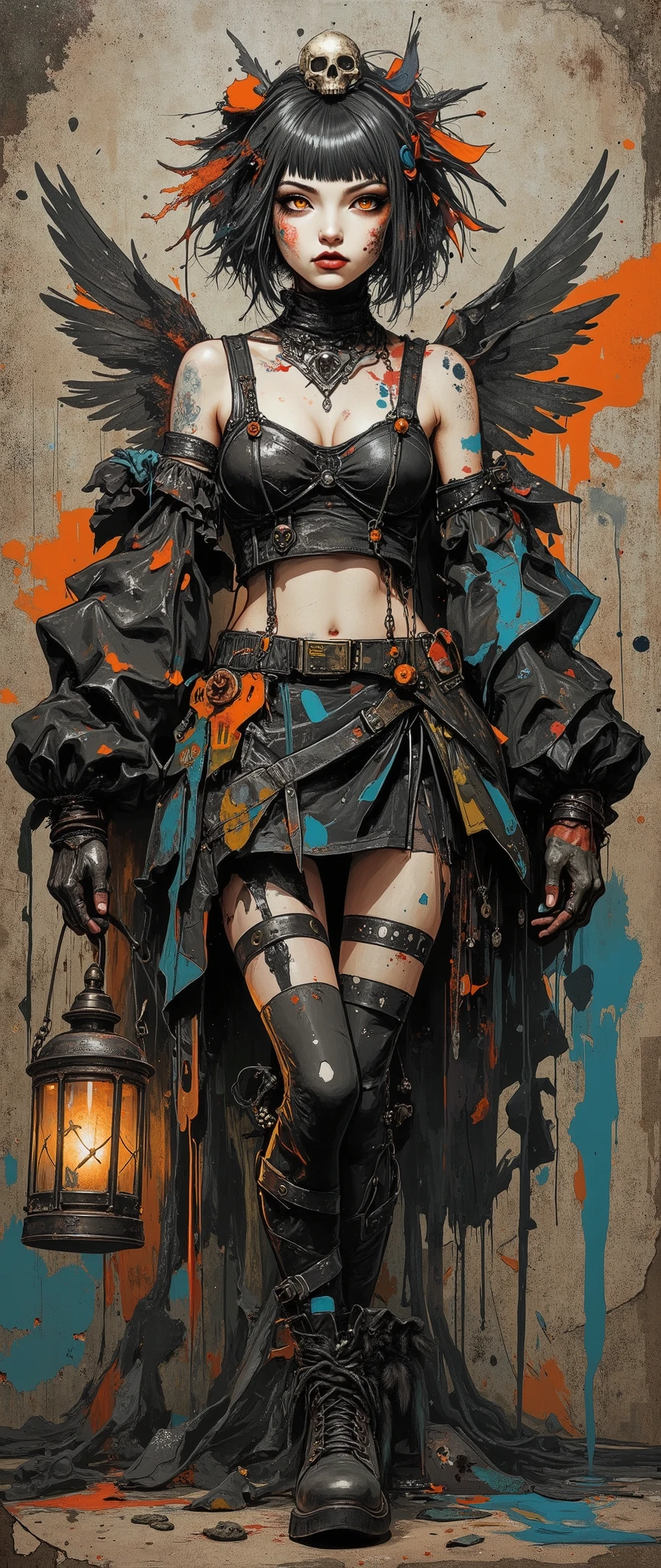 A young asthenic girl in a Gothic-style costume. Full-length image. Short, voluminous black hair, cut exactly at chin level. Straight bangs. On top of the head is a small accessory in the form of a skull, decorated with dark ribbons and feathers. The thin curved legs are crossed.A glowing lantern in the shape of a human skull on a chain in his right hand.  Pale skin and striking orange transparent glowing eyes, Creepy clown makeup to accentuate his creepy appearance. Dark cropped top with straps, decorated with a pattern of small bones.  A multi-layered puffy mini skirt with a high waist; Dark stockings with an asymmetrical pattern; Instead of sleeves, huge voluminous armbands with ruffles covering the hands. Behind the shoulders are small wings made of crow feathers. Rough high boots with thick soles. The textured background resembles a rough old concrete wall with peeling paint in a variety of colors.Large rough strokes of orange paint.  The overall color palette is dark, with shades of black, gray, and olive green, interspersed with bright orange and blue paint combined with black clothing. The light is dramatic.Low angle. The style is illustration and digital painting, with elements of Gothic and surrealism. High detail, clarity of textures and elements.A combination of fantasy, psychedelics and street style.