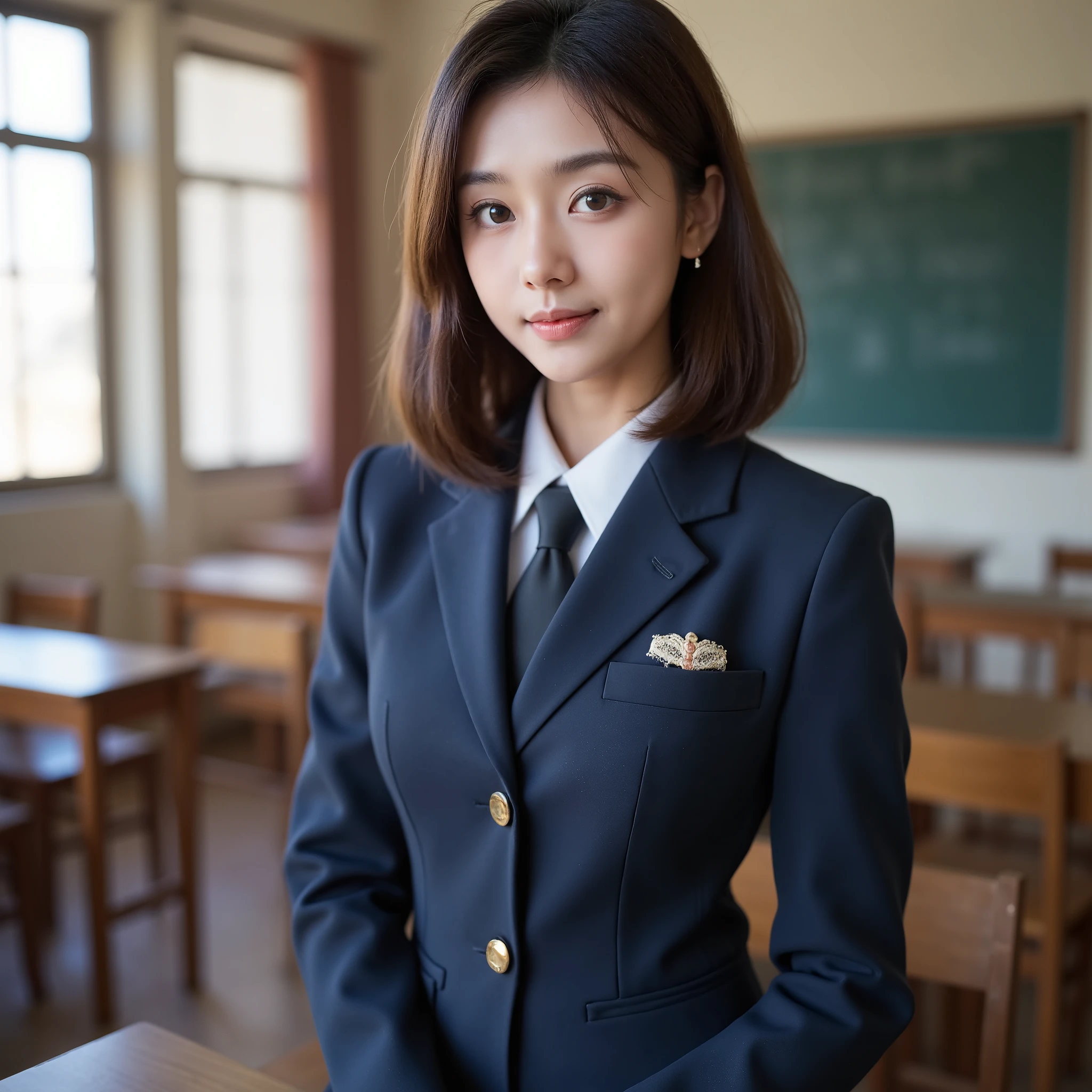 Masterpiece、 top quality、 super high resolution、( as pictured:1.4)、(( Portrait of a -yeld Jaese high school girl 、 1 young girl, gal)), big smile 、 upper body:1.5、 indoor、 blackboard 、Classroom with closed curtains, from the front:2、(((navy blue blazer and skirt))), ( high definition eyes 、 white skin:1.5)、( brown eyes、 thin lips、 Tiny Breasts 、light brown bob hair:1.5), ( watching the viewer), ( depth of coverage)、(Lens light)、Sony α7、35mm、f1.8