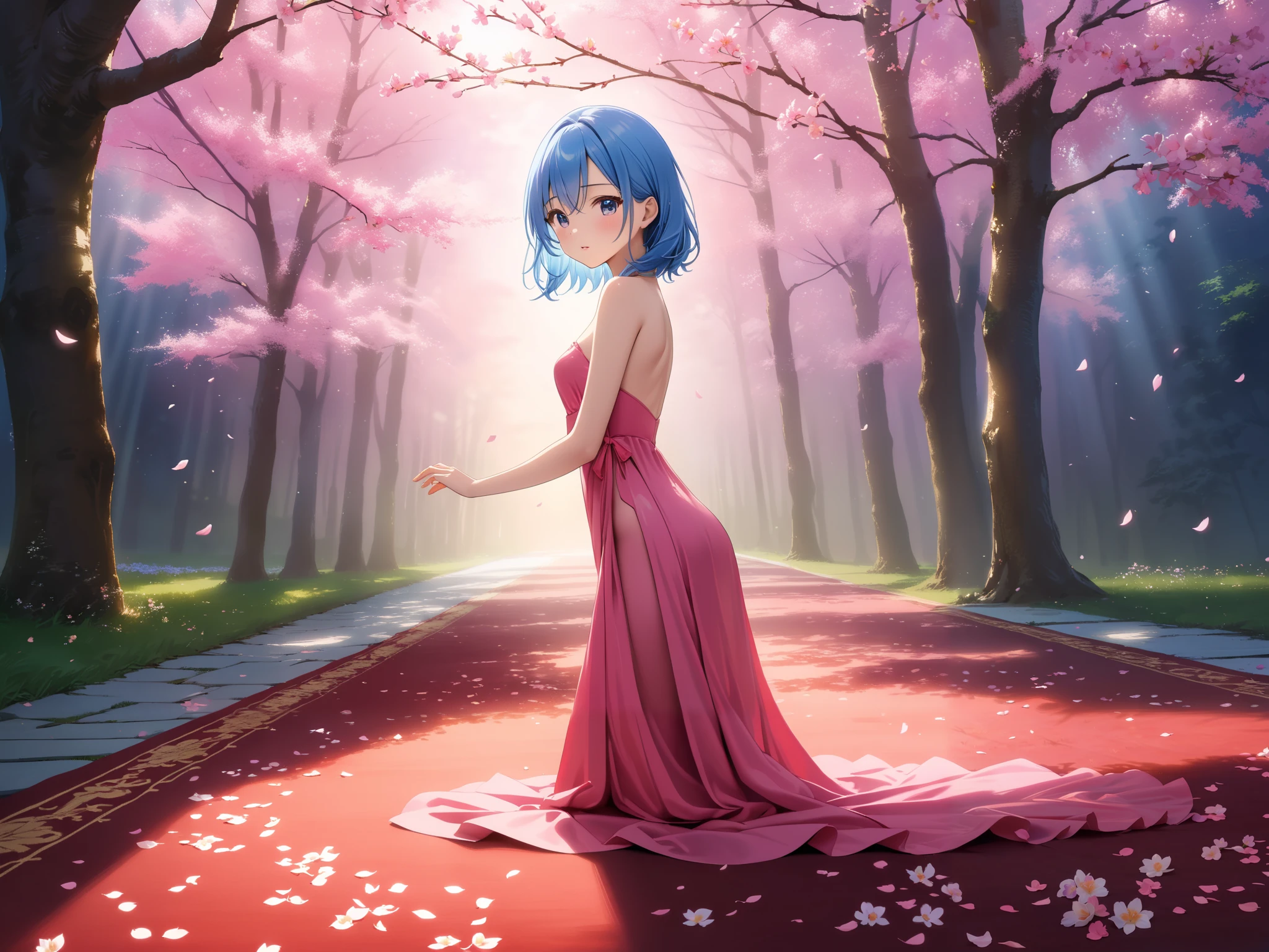   (Aomi Mio )
Full body, front angle
A graceful young woman with hime cut hair, 
 light-blue hair, 
Her droopy eyes navy eys
lipstick deep-pink

soft oval facepetite and slender figure (148cm)
medium breasts,small hip
gentle charm
A girl stands beneath a row of cherry blossom trees, watching the falling petals.
Her light, spring-like dress flutters in the breeze.
Her expression is serene and dreamy as she reaches out with her five delicate fingers to grasp a petal.
The sunlight filters through the pink flowers, casting a warm, soft glow.
The ground is covered in a carpet of falling petals.
The clear blue of the sky contrasts beautifully with the pale pink cherry blossoms.
The serene, dreamy atmosphere captures the ephemeral beauty of spring.
Cute illustration, fantastic illustration, light illustration
score_9, score_8_up , score_7_up , score_6_up ,
(masterpiece, best quality, photo realistic:1.3) 
(soft brightness,high saturation,high contrast)
professional lighting, physically-based rendering,
best quality, ultra-detailed, high resolution, extremely detailed CG,
wallpaper, novel illustration, by famous artist,textile shading,
sup er detailed skin, perfect anatomy detailed,
dynamic angle, dynamic pose,
cinematic lighting, dynamic lighting
(High saturation, low brightness , vivid color,Matte paint,sharpness:0.7) 
Japanese cosplayer, 1girl ,
 japanimation ,Line drawing, animated painting, 
(squinting eyes, human iris)
































