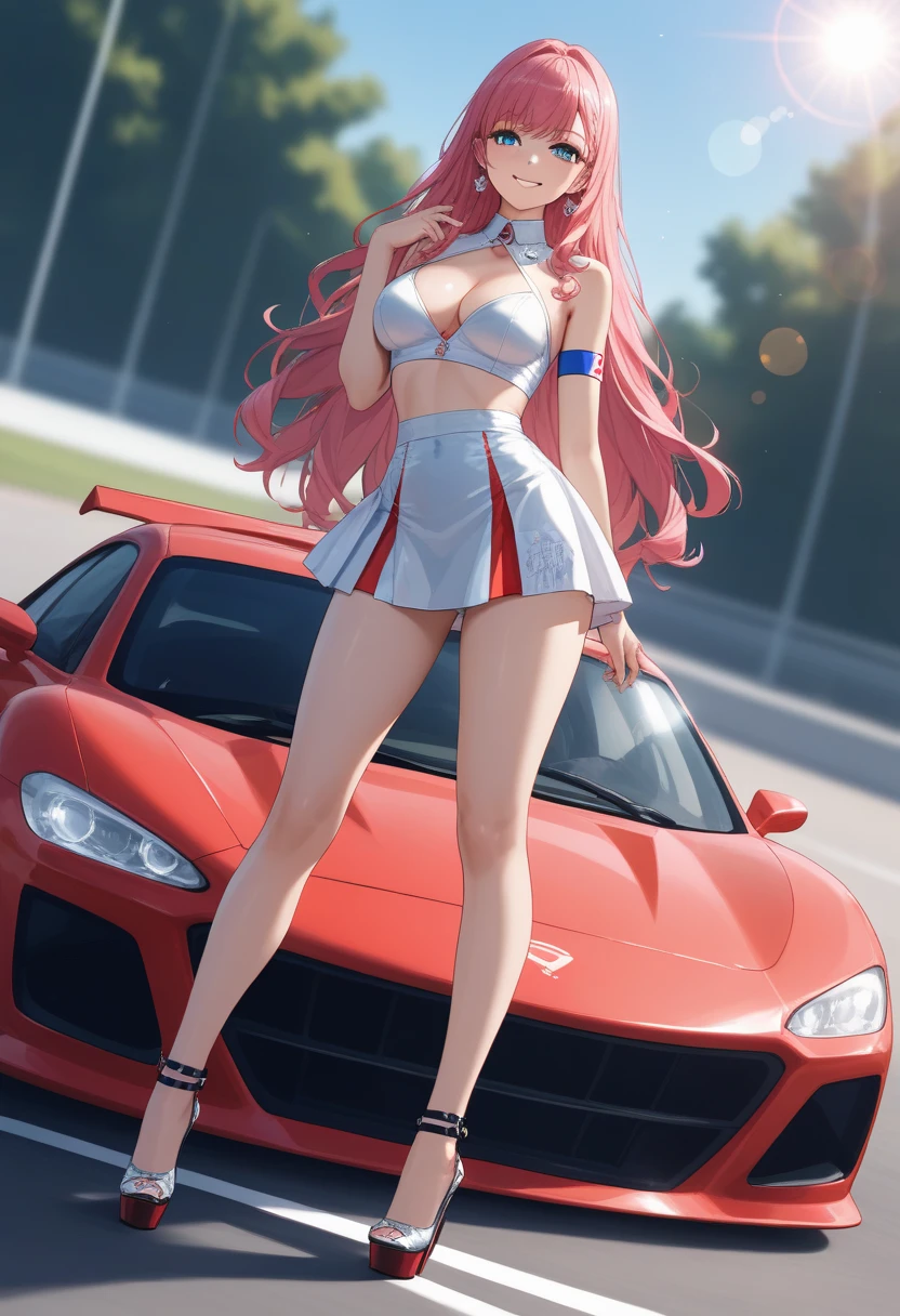 highest quality、Nice sexy body、One Woman、solo、(Beautiful busty woman:1.5)、Medium hair woman、((Woman with dark red hair))、Race Queen、Campaign girl、A woman wearing a white and red patent leather short top、A woman wearing a top with a logo、A woman wearing a white patent leather miniskirt、A woman wearing brown pantyhose、Standing woman、event venue、motor Show、smile、Sexy pose