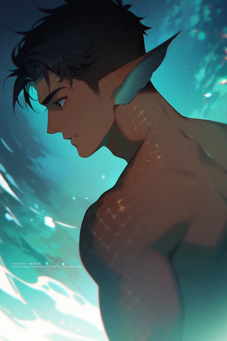 handsome man, on an obsidian beach with water covering lower body, lying on back and holding his own legs up, knees bent, muscular thigh. Top view , expression of ecstasy, fish scale skin, mermaid skin, (black fish scale skin:1.5), mermaid man with fish scales skin, mermaid man with fish scales on legs