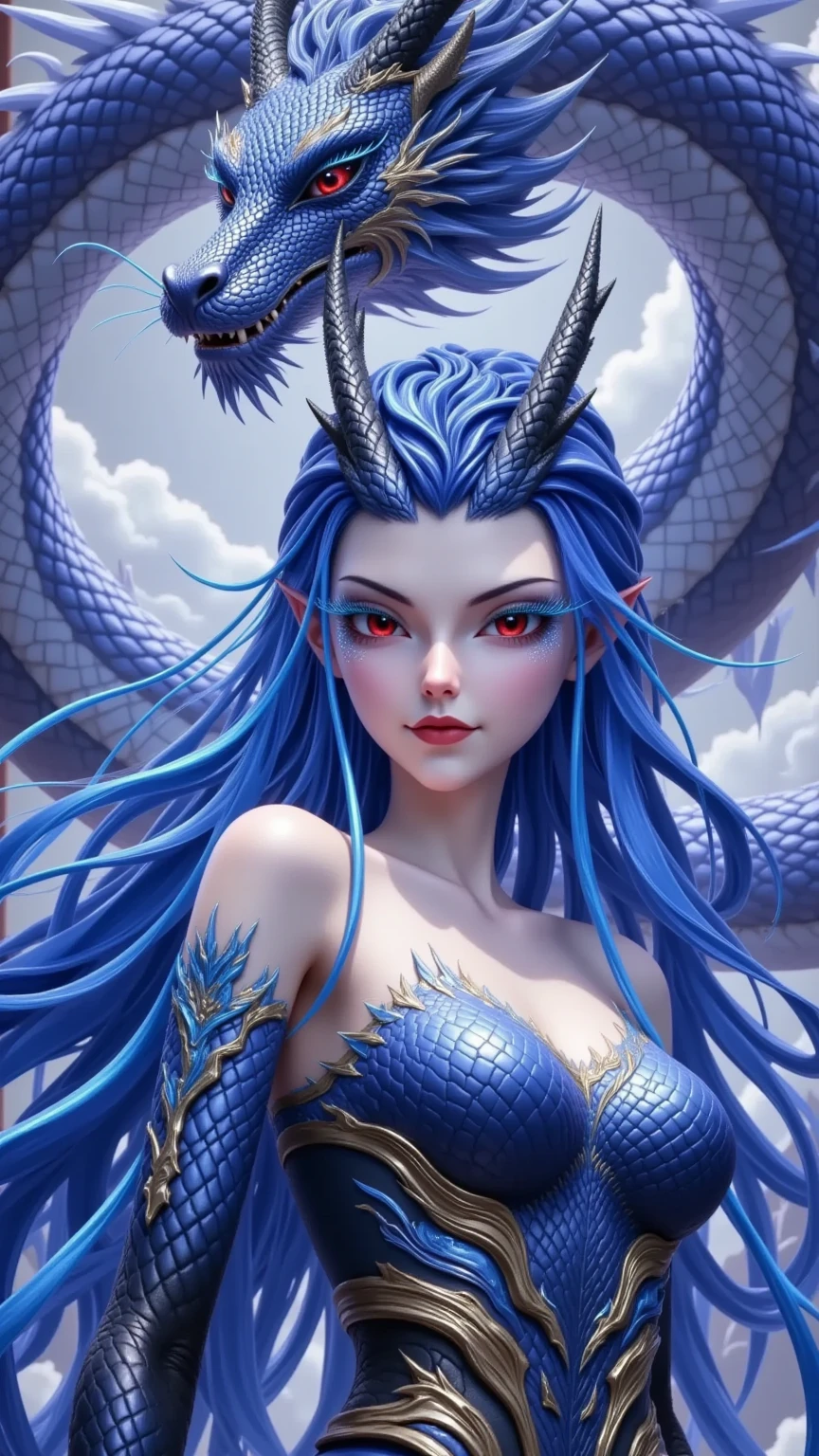 Blue,skyblue, beautiful female, long hair,blue hair,.BREAK. a
Head to waist, tattoo,dragon tattoo, crown,
(Dragon in the background)
Drangon background. Dragon Tattooed,
A beautiful lady wearing formal gown in blue and gold color with a tattoo name 'RIIID' in her chest.she wearing a black crown and in the background there's a dragon with futuristic elements