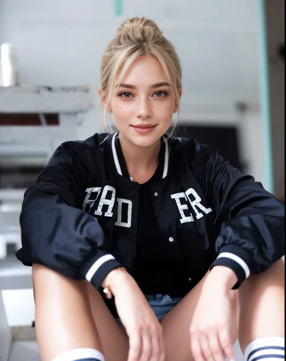 photo pour instagram, young female, blond hair, medium breast, on a sofa, style instagram, short en jean, without top