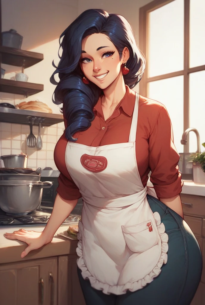(Best Quality, Masterpiece), women's cooking, 1girl, 25 years old, stunning, cute, heartwarming smile, hourglass figure, wearing floral dress, pinny apron, beautiful food