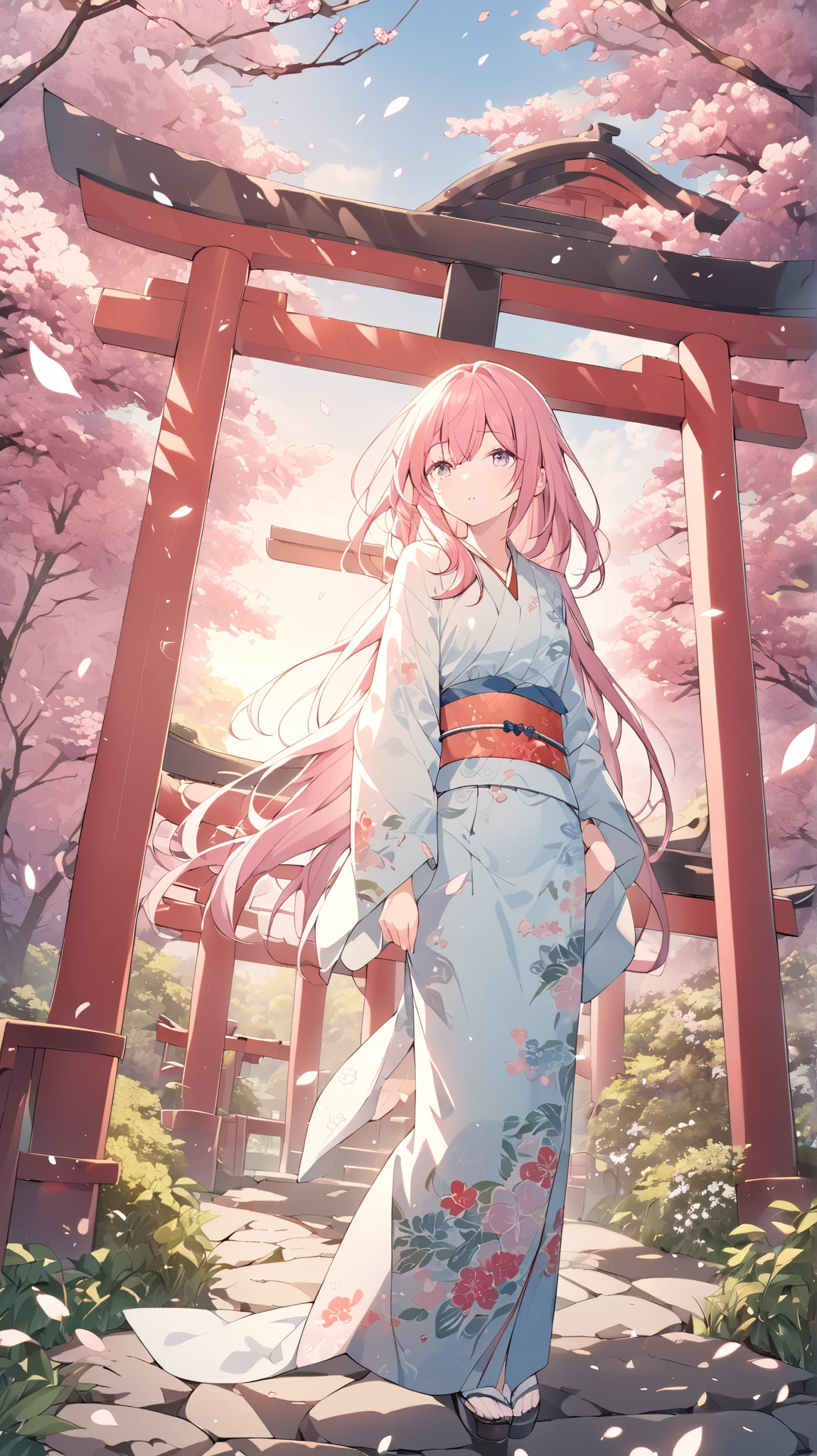 A beautiful anime-style female character with long, flowing pink hair is relaxing in front of a traditional Japanese shrine. She wears an elegant kimono with intricate floral patterns in soft pastel colors. The atmosphere is serene, with warm evening light casting a gentle glow on the shrine’s wooden torii gate and stone path. Cherry blossom petals swirl and scatter intensely in the wind, creating a vibrant and ethereal mood.