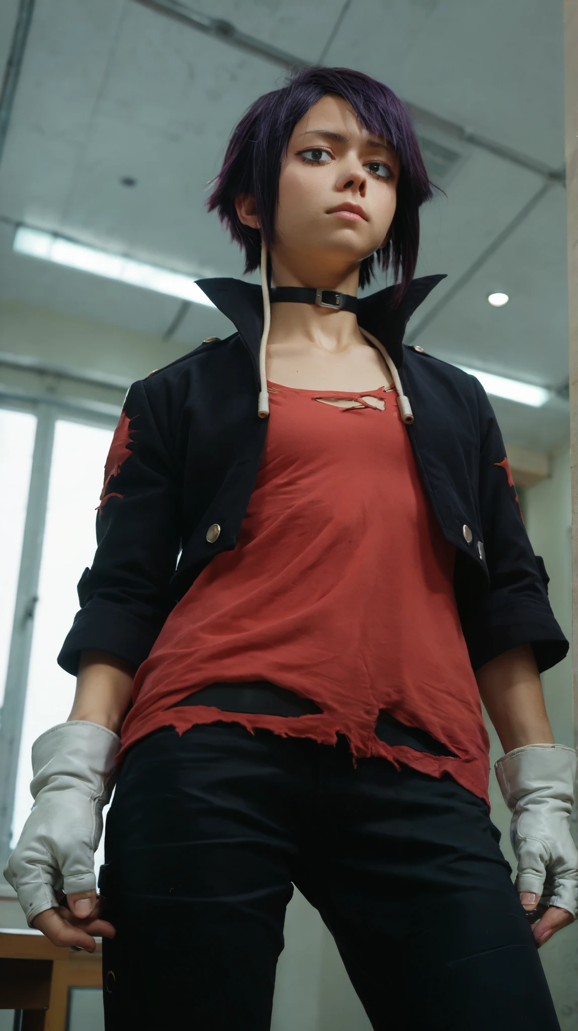 score_9,score_8_up,score_7_up BREAK jirouSDXL,1girl,short hair,dark purple hair,black eyes,shirt,gloves,jacket,open clothes,choker,pants,white gloves,fingerless gloves,open jacket,black jacket,black pants,red shirt,jirou kyouka,cowboy shot,room,room background,from below,