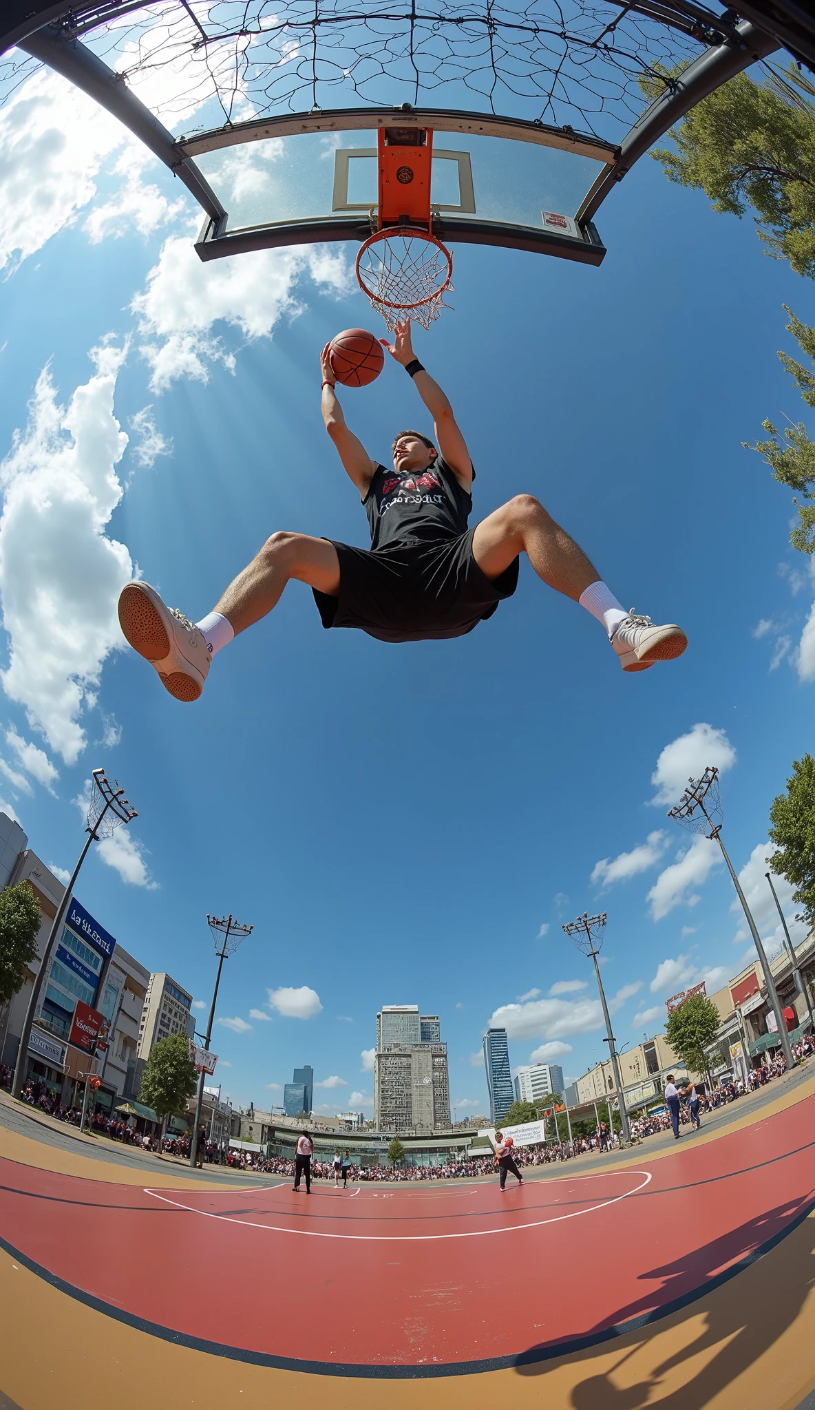  taken from below、 Fisheye 、バスケットボールボールをDunkするために空中に飛び上がる狂った日本人青年,  photo by Matthiya Jama ,  trend in dribbling ,  hyperrealism, Dunk, extremely low angle shot,  dynamic low angle shot ,  play basketball ,  shooting angle from below drawn closely ,  taken from below, extremely low angle long shot,  Wide Angle Dynamic Action Shots, extremely low angle, High shot in the air、 Bold Composition 、