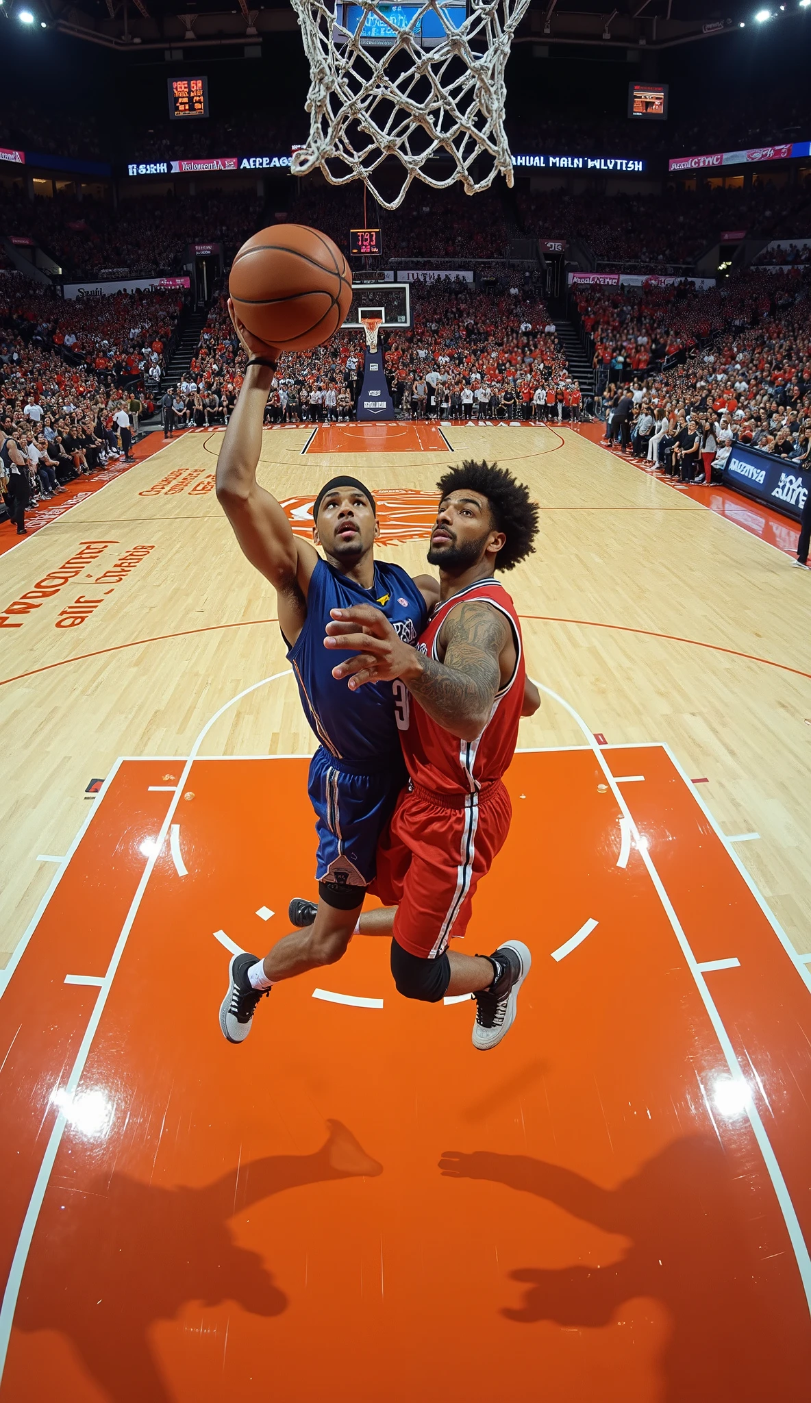 from above 、 Fisheye 、バスケットボールボールをDunkするために空中に飛び上がる狂った日本人青年, Dunk, extremely low angle shot, dynamic low angle shot , play basketball , shooting angle from below drawn closely , taken from below, extremely low angle long shot, Wide Angle Dynamic Action Shots, extremely low angle, high midAir shot , mid Air shot , Sports photography, super high jump , Air shot 、 dynamic composition