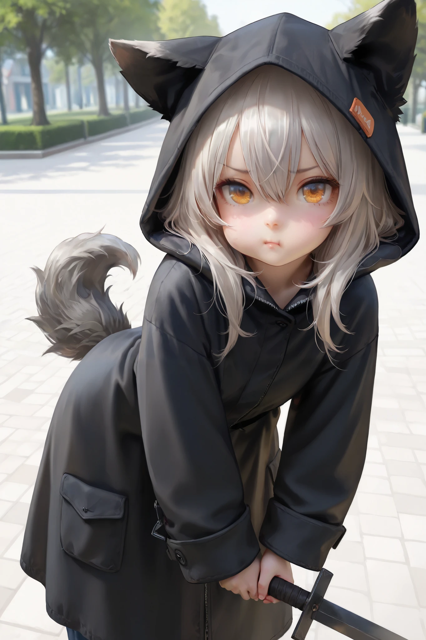 masterpiece, best quality, detailed eyes, semi realistic, 8k, girl, cute, small, clumsy, pure, oversized black hood coat, blue jean, hanging a two handed sword on her back, modern park background, emotionless face, short round dark gray hair, amber eye, wolf ears, wolf tail, solo character. looking at viewer, wearing cap, pout face