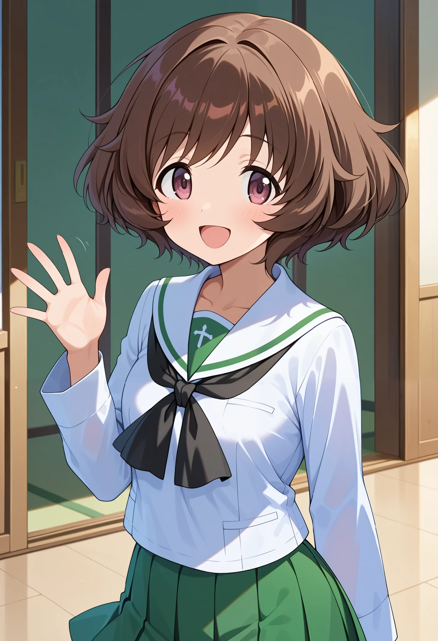 high res, top quality, Super Quality , Akiyama Yukari 、 short hair、 bouncing hair、Uniform up、 ( Oarai school uniform :1.3),White sailor collar, black neckerchief , white shirt, Long Sleeve , Green Skirt 、 waving