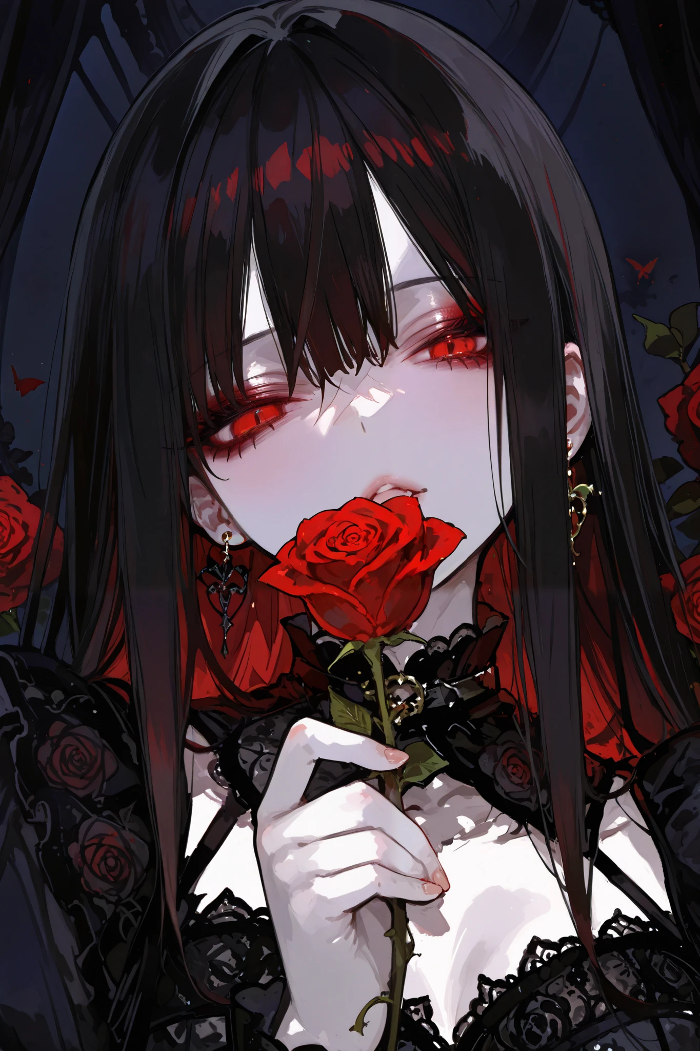 ,748cmstyle,trk,gothic anime 1girl, dark aesthetic,dark gothic, black hair with bangs, red eyeshadow, pale skin, holding red roses, intricate lace dress, vampire vibes, melancholic expression, detailed earrings, gothic jewelry, dark background with floral pattern, red and black color scheme, mysterious and elegant, seductive gaze, gothic fashion, fantasy atmosphere, haunting beauty, butterfly near roses, intricate details
