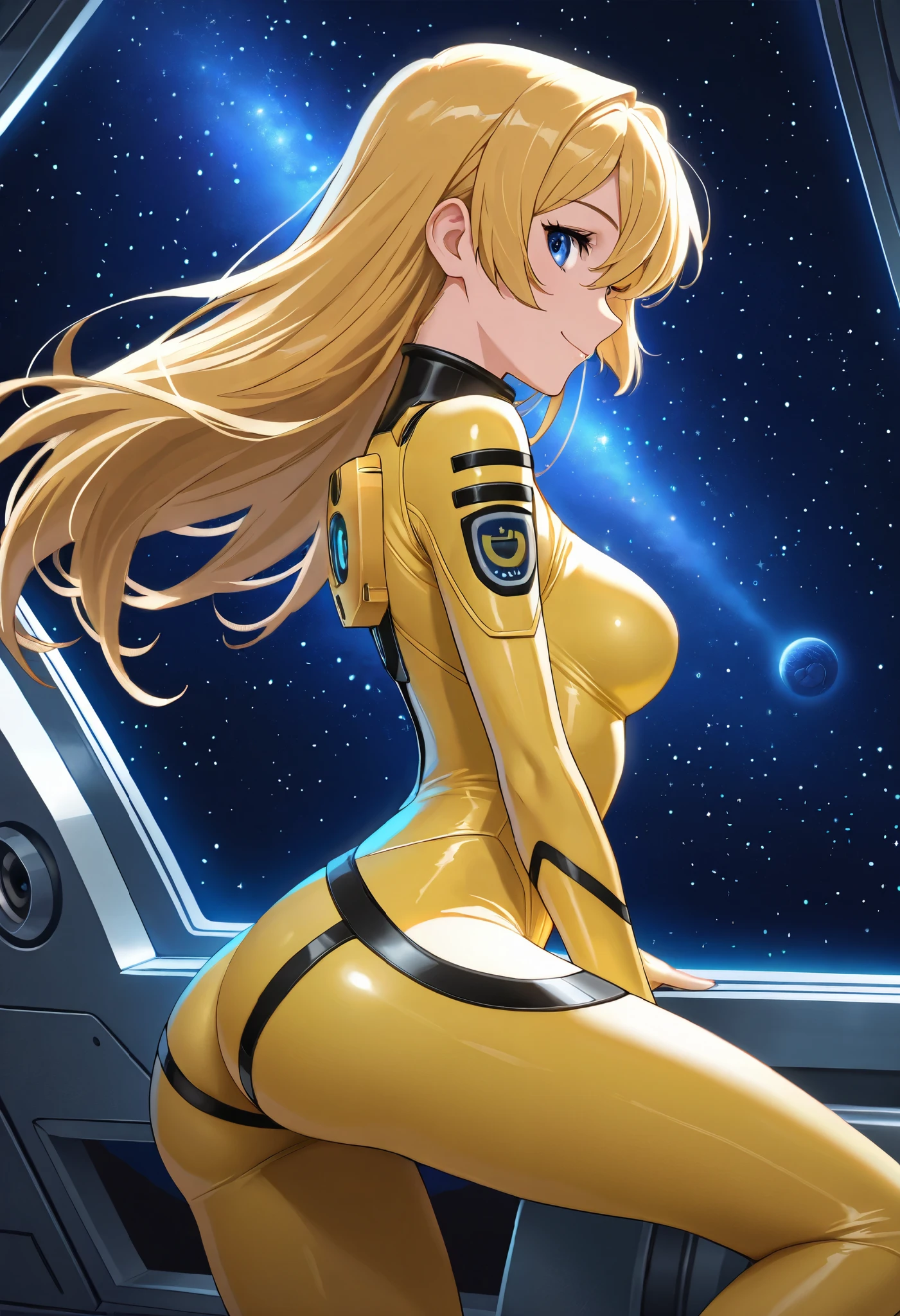 indoors, spaceship, screen glass, dark, space, 1girl, mori yuki, blonde hair, blue eyes, yellow bodysuit, skindentation, belt, from behind, light smile, <lora:yamato-yuki mori_v1:1>