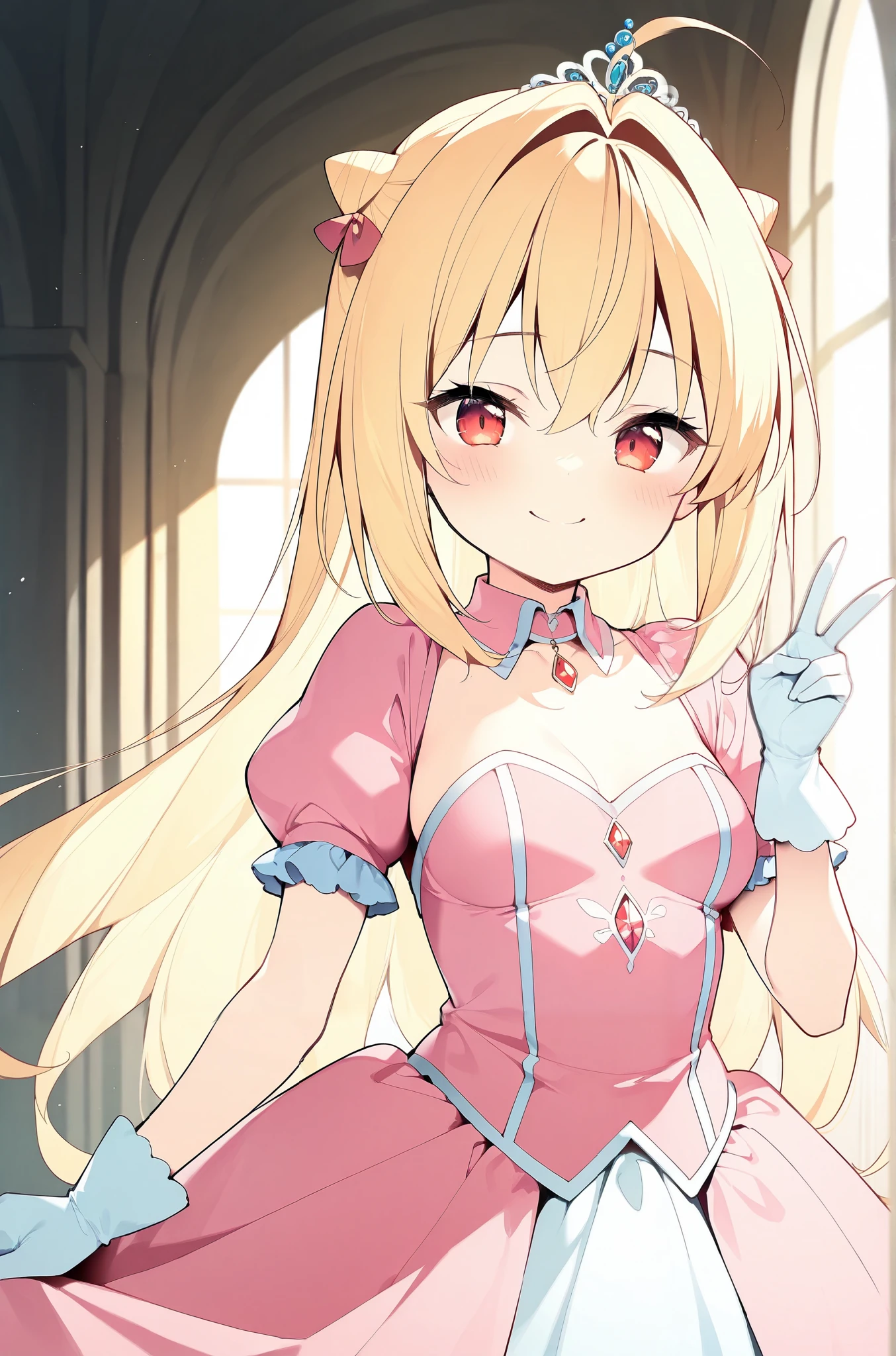 1girl, solo, terakomari gandesblood, long hair, blonde hair, cone hair bun, hair ornament, hair intakes, ahoge, red eyes, {{medium breasts}}, {{{{masterpiece}}}}, {{{best quality}}}, {{{high quality}}}, {{{smile}}}, {{{princess costume}}}, {{{{{puff sleeve}}}}}, {{{princess}}}, {{{frilled dress}}}, {{{cinderella (cosplay)}}}, {{{short sleeves}}}, {{{cinderella}}}, star princess, {{{pink dress}}}, {{{tiara}}}, {white puff sleeve}, peace sign, {princess gloves}, {{white princess gloves}}, {{{short sleeves}}}, {}, {{{beautiful hands}}}, {{{{{beautiful finger}}}}},