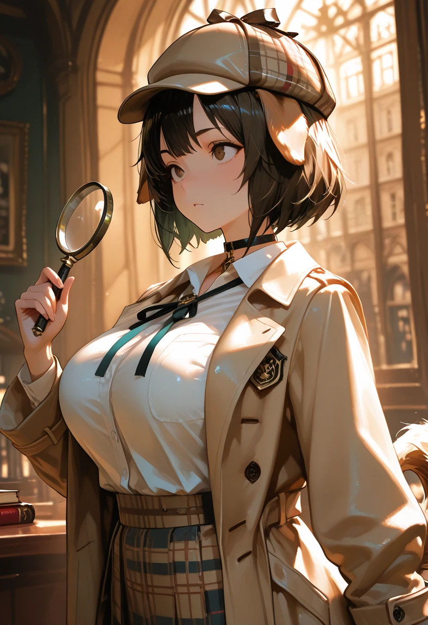 masterpiece, source_hentai, best quality, amazing quality, very aesthetic, high resolution, ultra-detailed, lighting, colorful, absurdres, newest,Dog Detective,
Expressive eyes, Upper body, Detailed face, Beautiful face, Legs, One girl, Short hair, Dark hair, Dog girl, Big breasts, Thighs, White shirt with ribbon tie, Checked skirt, Beige trench coat, Deerstalker, Dynamic pose, (holding magnifying glass, Small notebook), Choker, (holding magnifying glass, Small notebook) dog ears, dog tail, brown eyes , dynamic lighting, cinematic lighting, 19th century London background,. 
(Large Digital Artwork), (Detail Cartoon Illustration), (Detail Line Drawing), (( Perfect Anatomy)), (Complex Detail:1.3), (Super Detail:1.3), ( Illustration:1.3), ( Focus:1.3), ( Natural Light:1.05),  