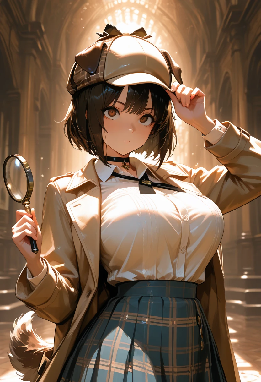 masterpiece, source_hentai, best quality, amazing quality, very aesthetic, high resolution, ultra-detailed, lighting, colorful, absurdres, newest,Dog Detective,
Expressive eyes, Upper body, Detailed face, Beautiful face, Legs, One girl, Short hair, Dark hair, Dog girl, Big breasts, Thighs, White shirt with ribbon tie, Checked skirt, Beige trench coat, Deerstalker, Dynamic pose, (holding magnifying glass, Small notebook), Choker, (holding magnifying glass, Small notebook) dog ears, dog tail, brown eyes , dynamic lighting, cinematic lighting, 19th century London background,. 
(Large Digital Artwork), (Detail Cartoon Illustration), (Detail Line Drawing), (( Perfect Anatomy)), (Complex Detail:1.3), (Super Detail:1.3), ( Illustration:1.3), ( Focus:1.3), ( Natural Light:1.05),  